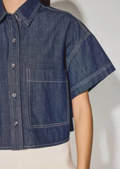 Denim Contrast Stitch Boxy Button Down Shirt