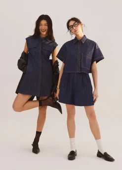 Denim Contrast Stitch Boxy Button Down Shirt