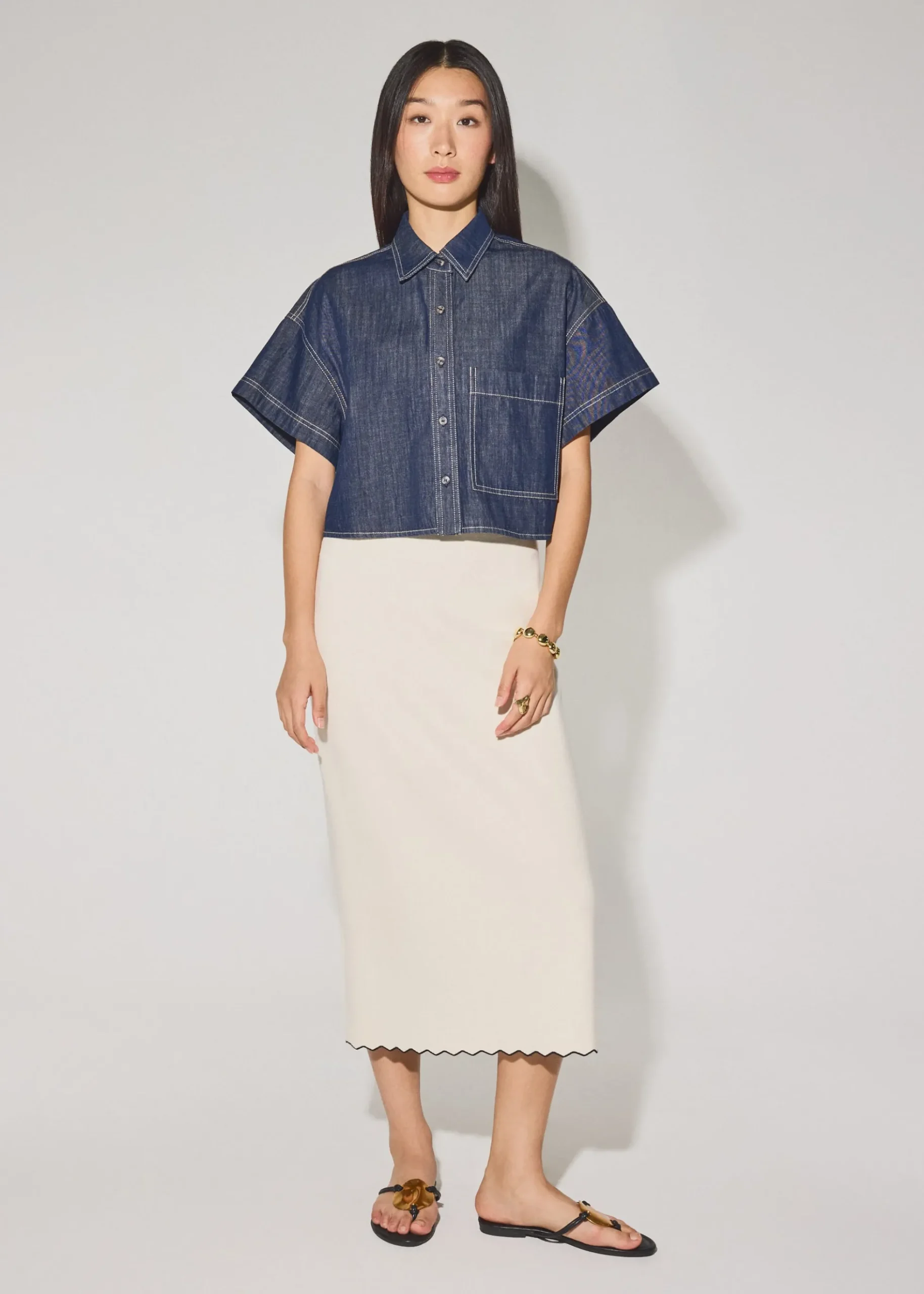 Denim Contrast Stitch Boxy Button Down Shirt