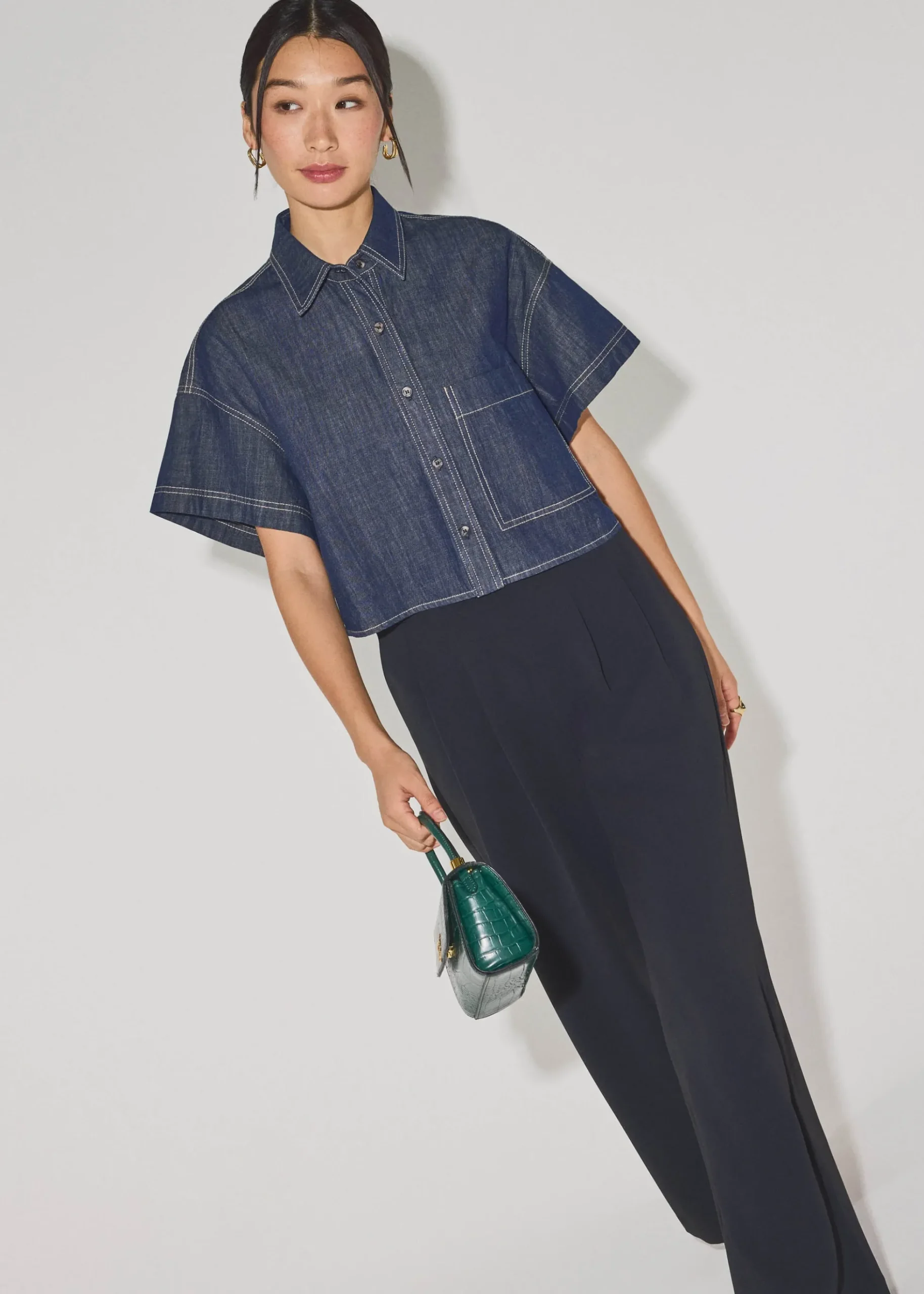 Denim Contrast Stitch Boxy Button Down Shirt
