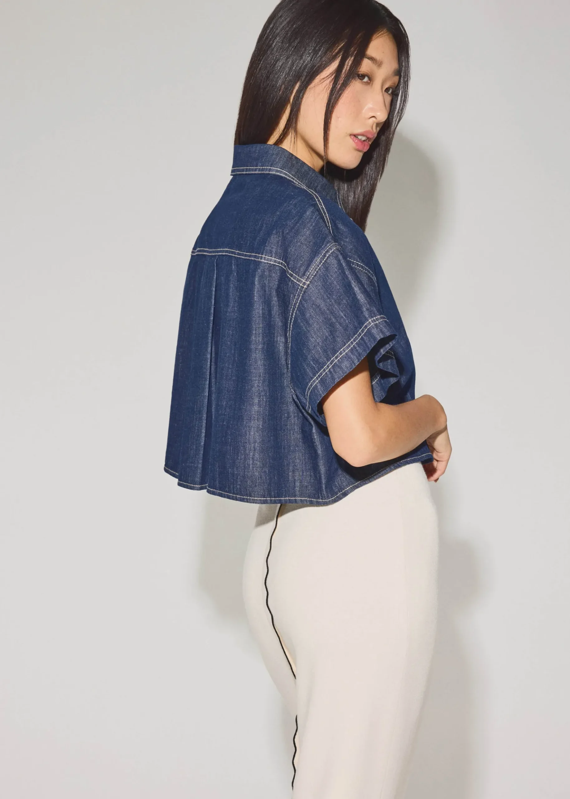 Denim Contrast Stitch Boxy Button Down Shirt