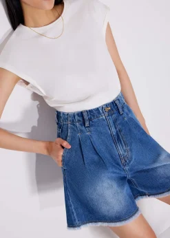 Denim Frayed Hem High Waist Bermuda Shorts