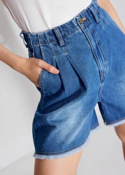 Denim Frayed Hem High Waist Bermuda Shorts