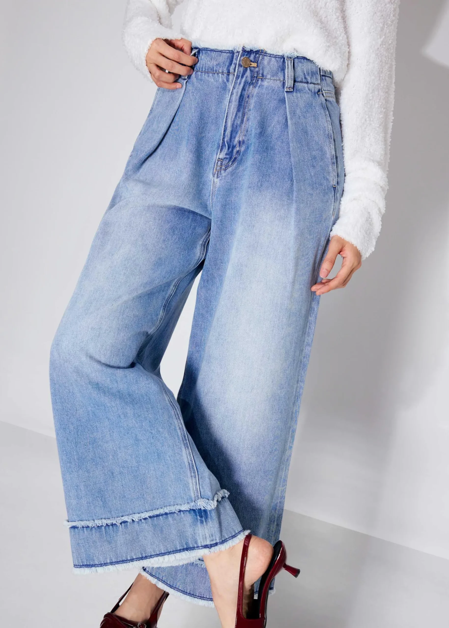 Denim Frayed Hem Mid Waist Wide Leg Jeans