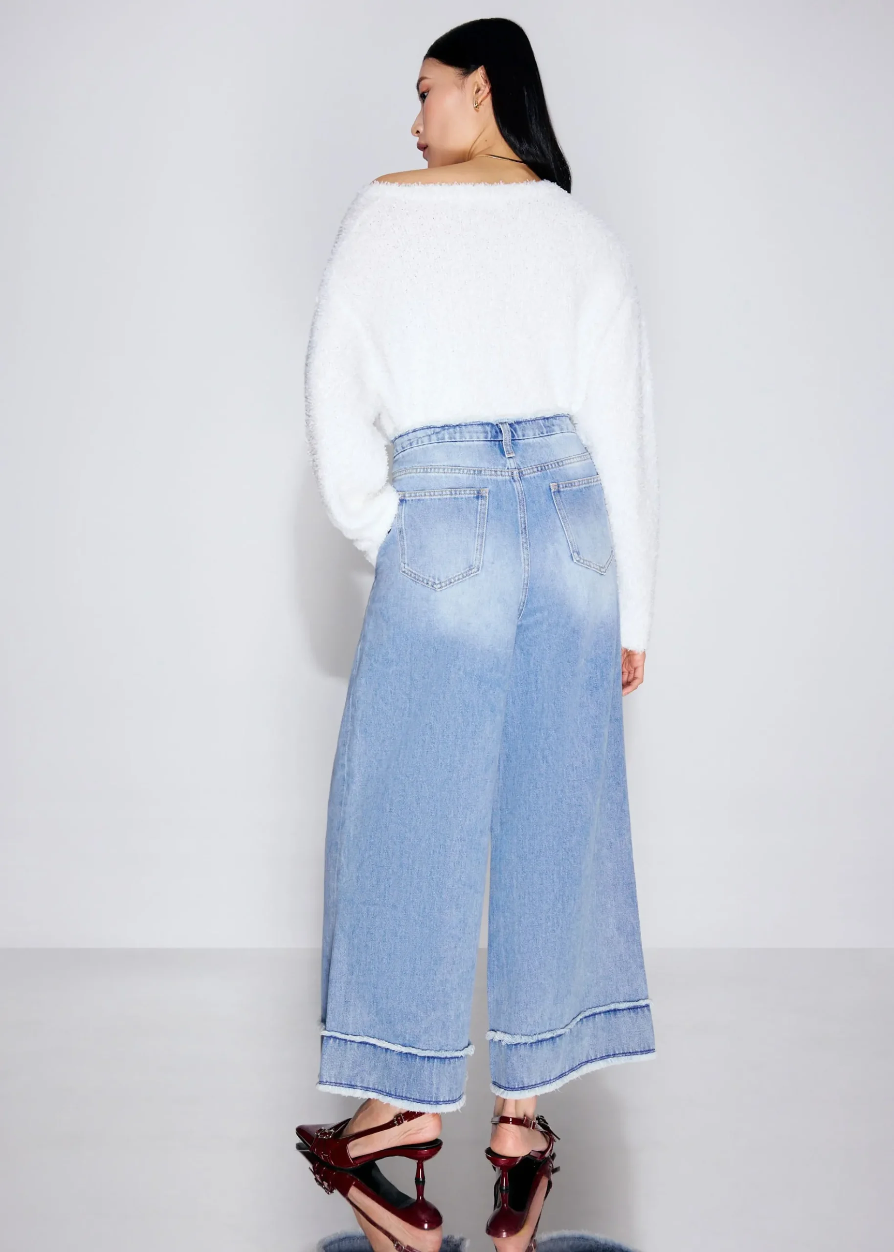 Denim Frayed Hem Mid Waist Wide Leg Jeans