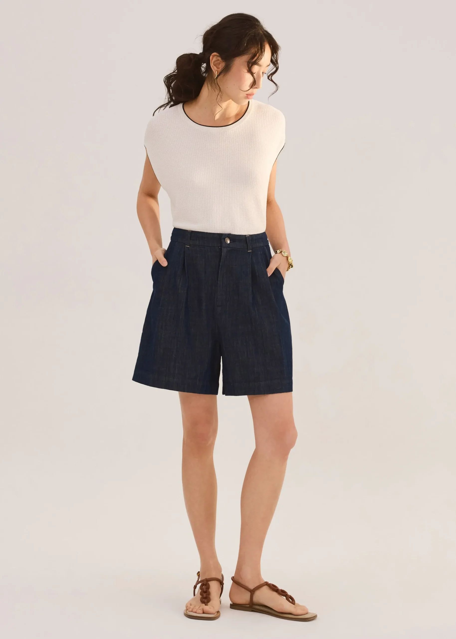 Denim Front Pleat A-Line Bermuda Shorts