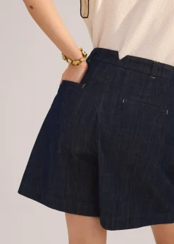 Denim Front Pleat A-Line Bermuda Shorts