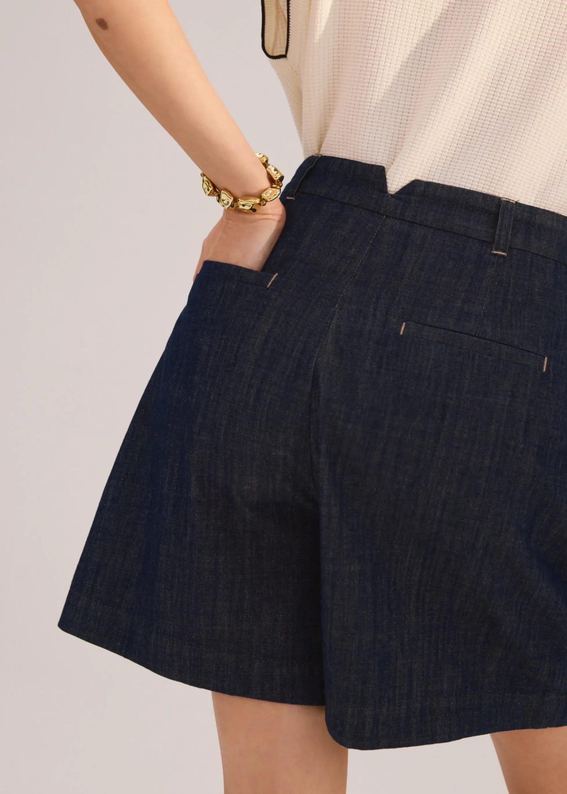 Denim Front Pleat A-Line Bermuda Shorts