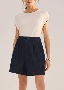 Denim Front Pleat A-Line Bermuda Shorts
