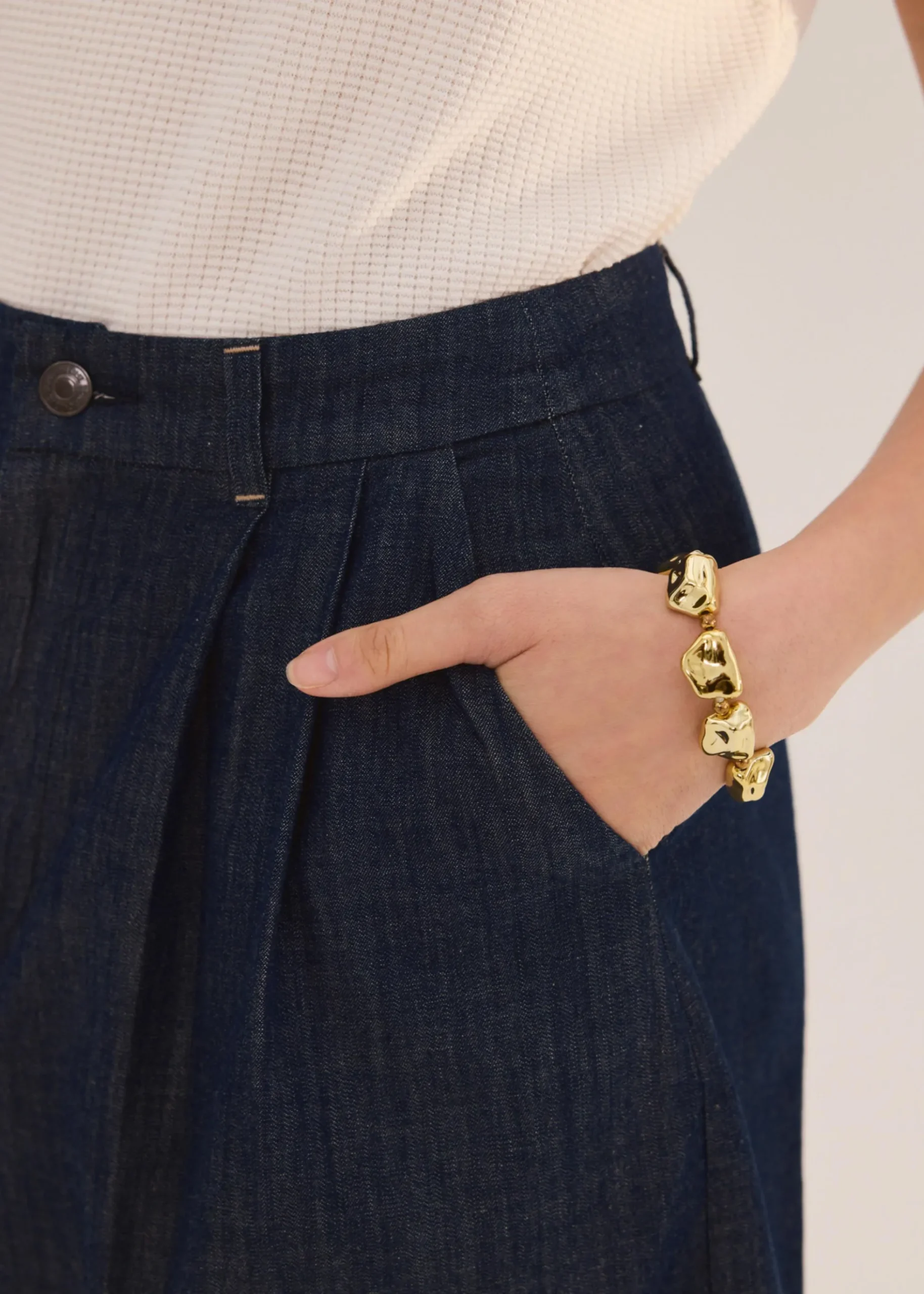 Denim Front Pleat A-Line Bermuda Shorts