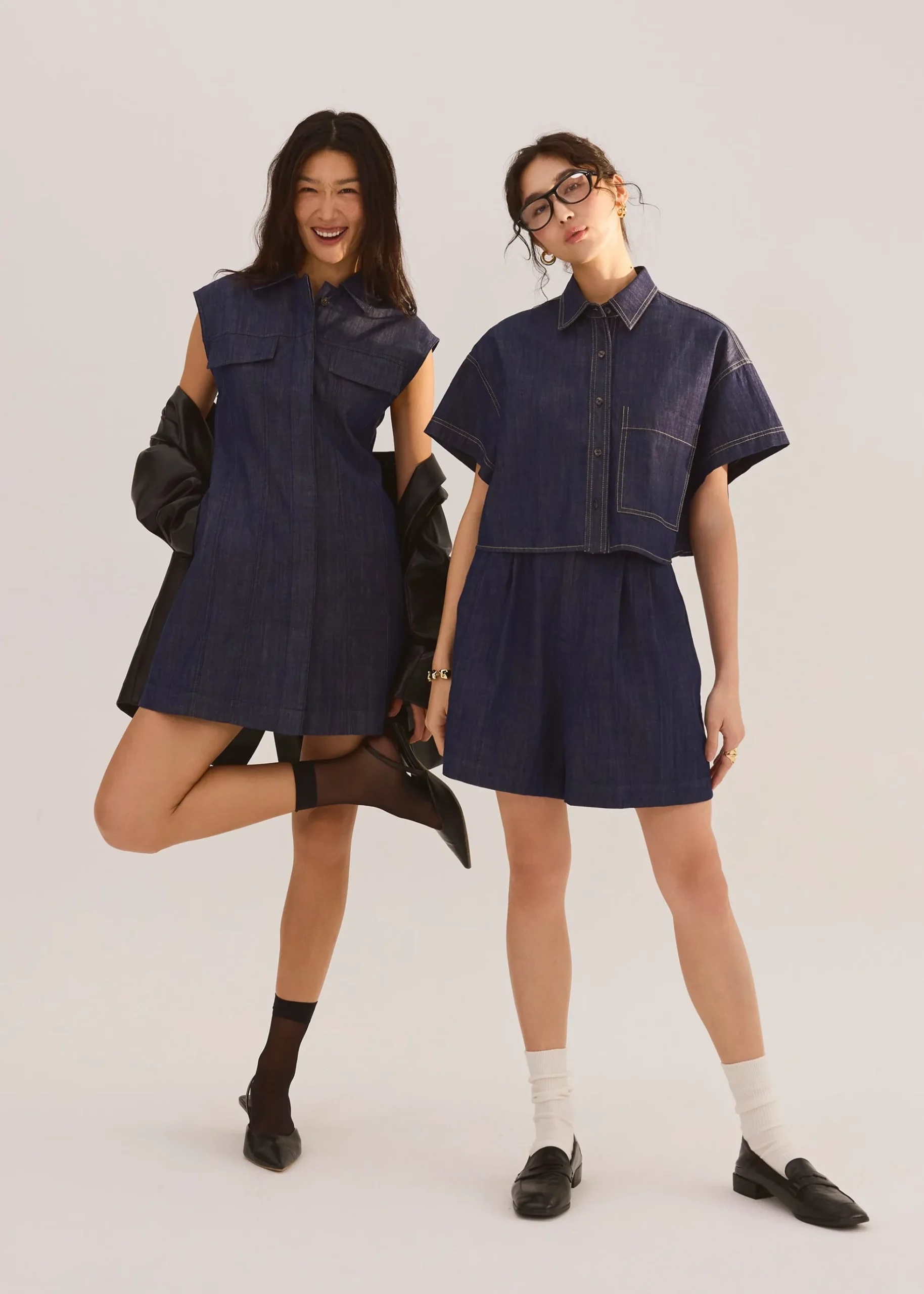 Denim Front Pleat A-Line Bermuda Shorts