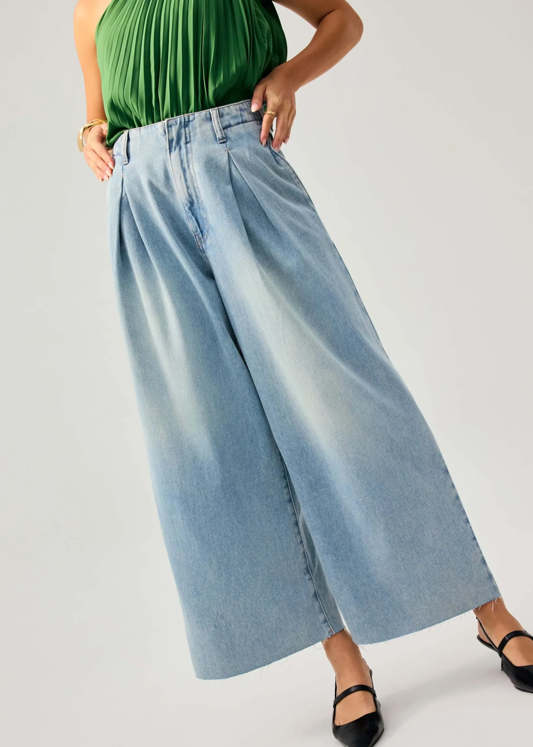 Denim Front Pleat Mid Waist Wide Leg Jeans