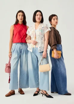 Denim Front Pleat Mid Waist Wide Leg Jeans