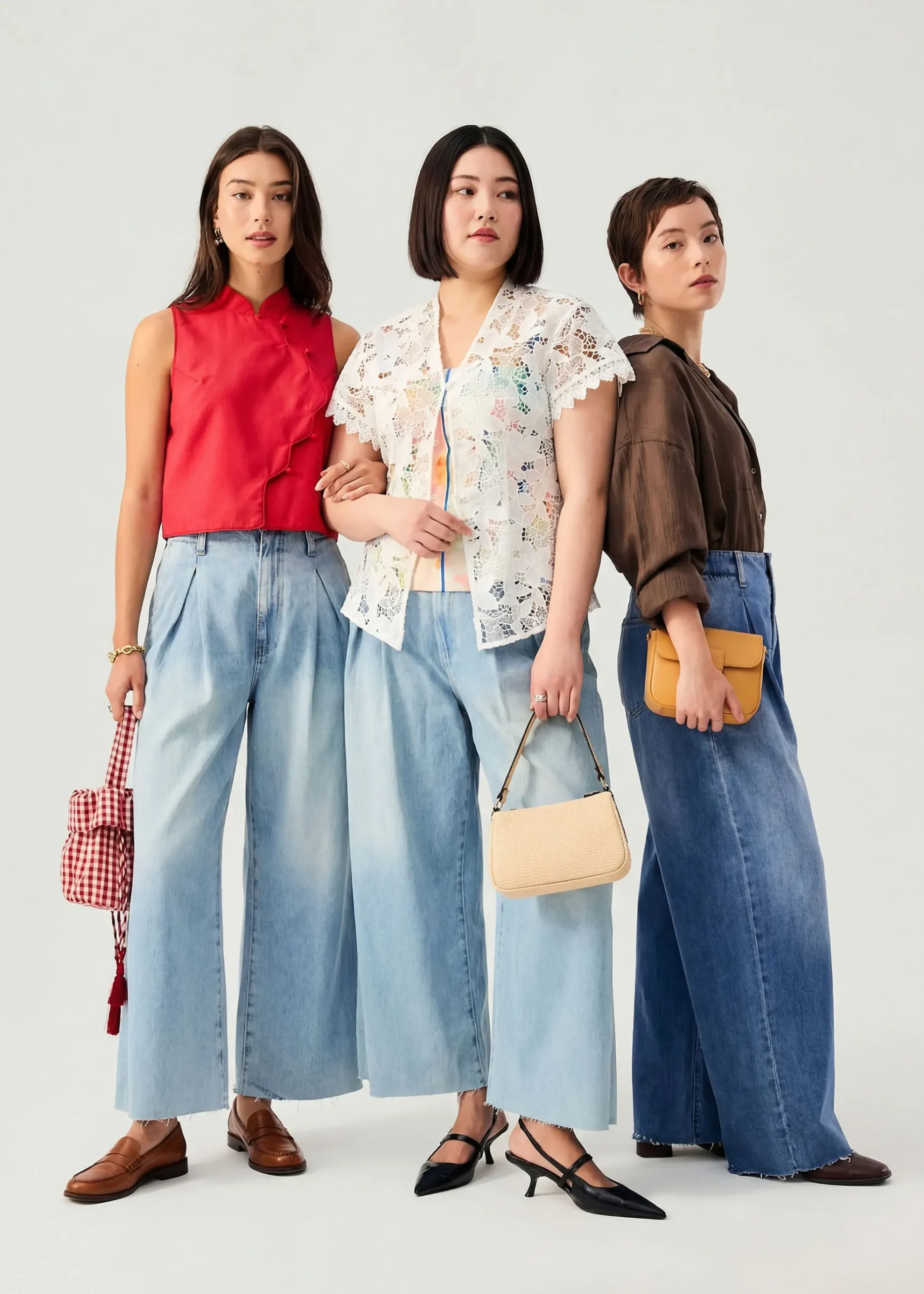 Denim Front Pleat Mid Waist Wide Leg Jeans
