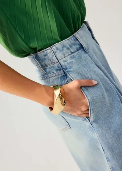 Denim Front Pleat Mid Waist Wide Leg Jeans