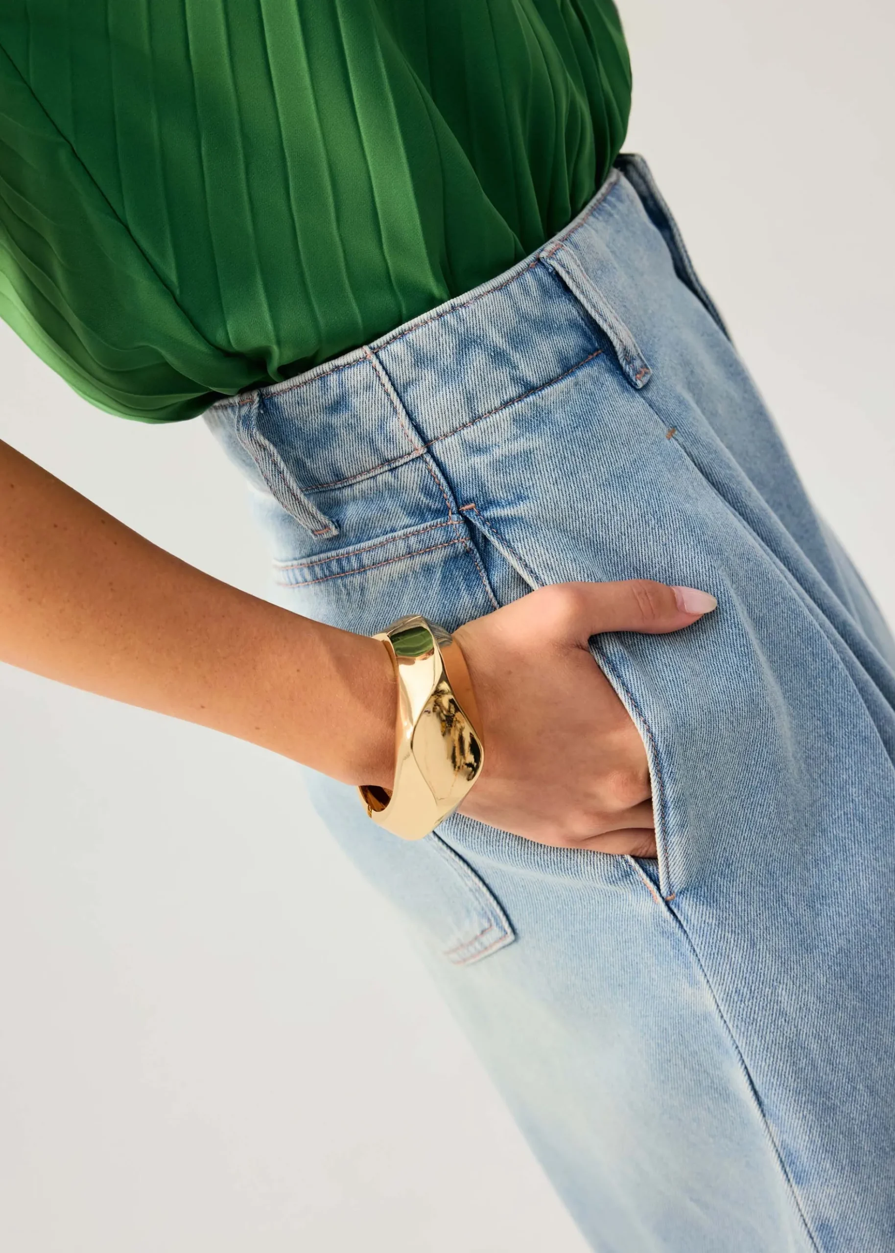 Denim Front Pleat Mid Waist Wide Leg Jeans