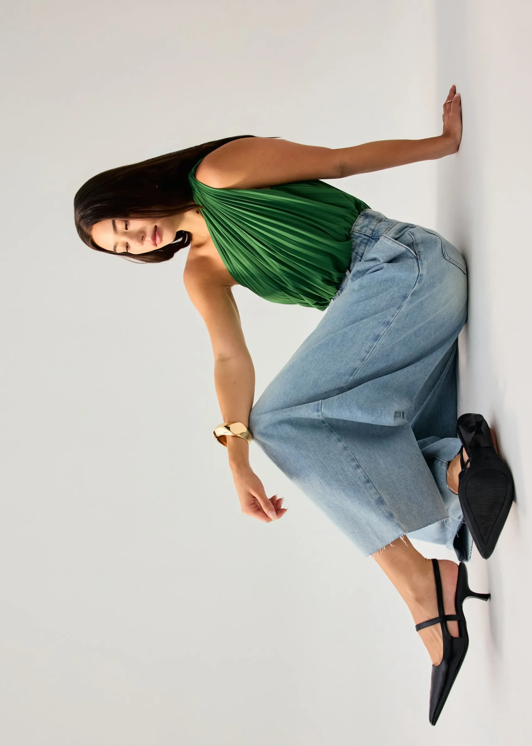 Denim Front Pleat Mid Waist Wide Leg Jeans