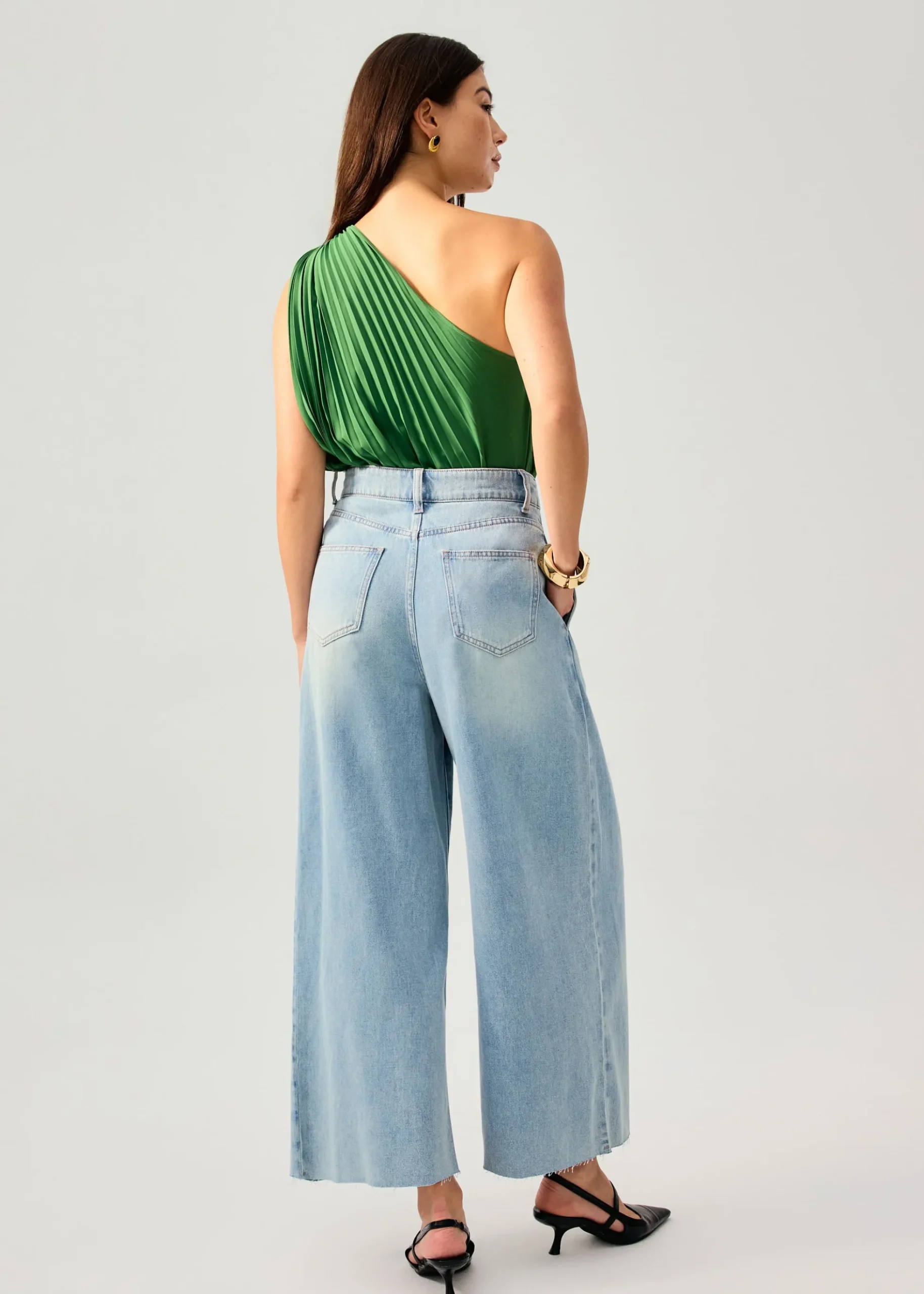 Denim Front Pleat Mid Waist Wide Leg Jeans