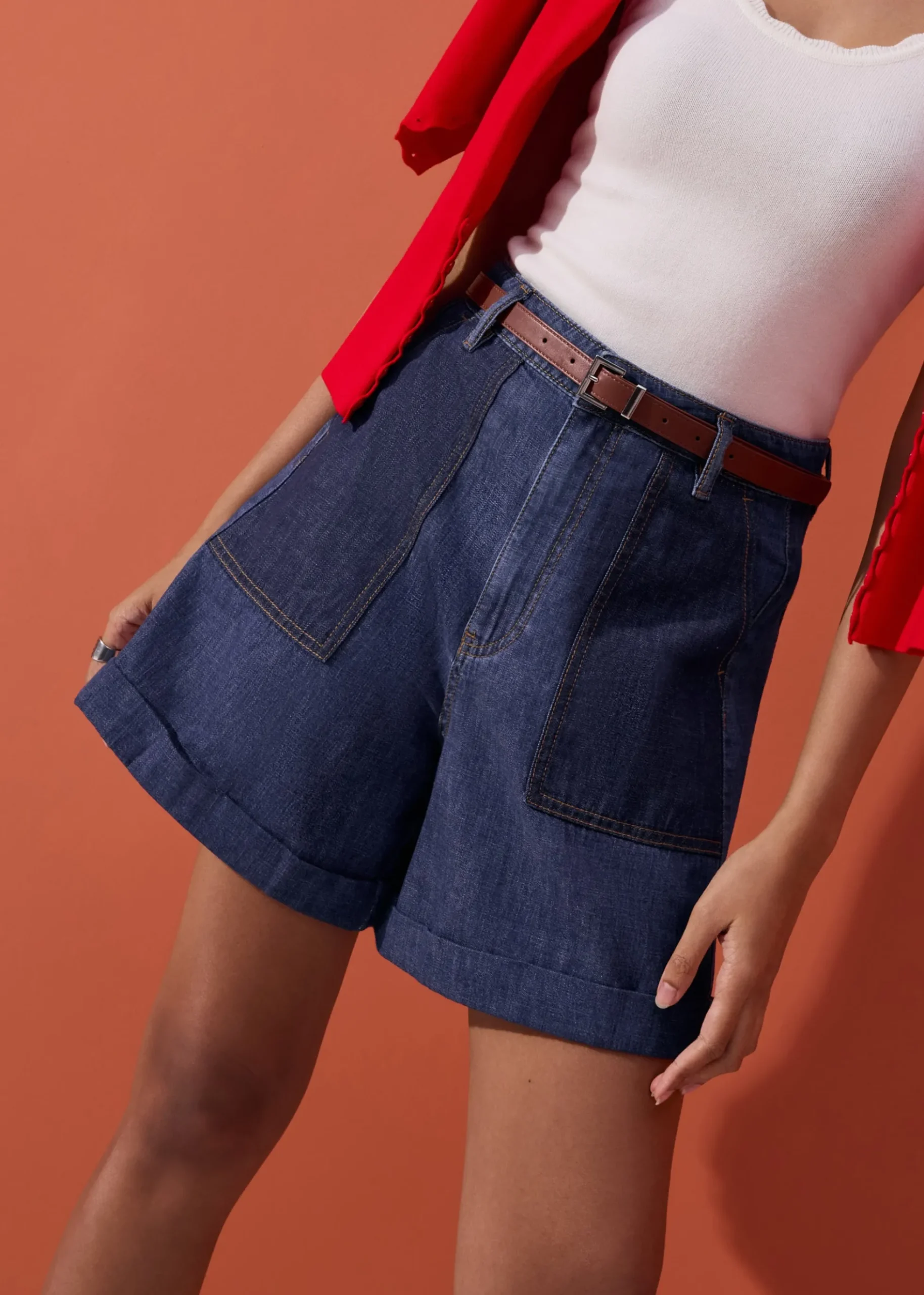 Denim High Waist A-line Cuffed Shorts