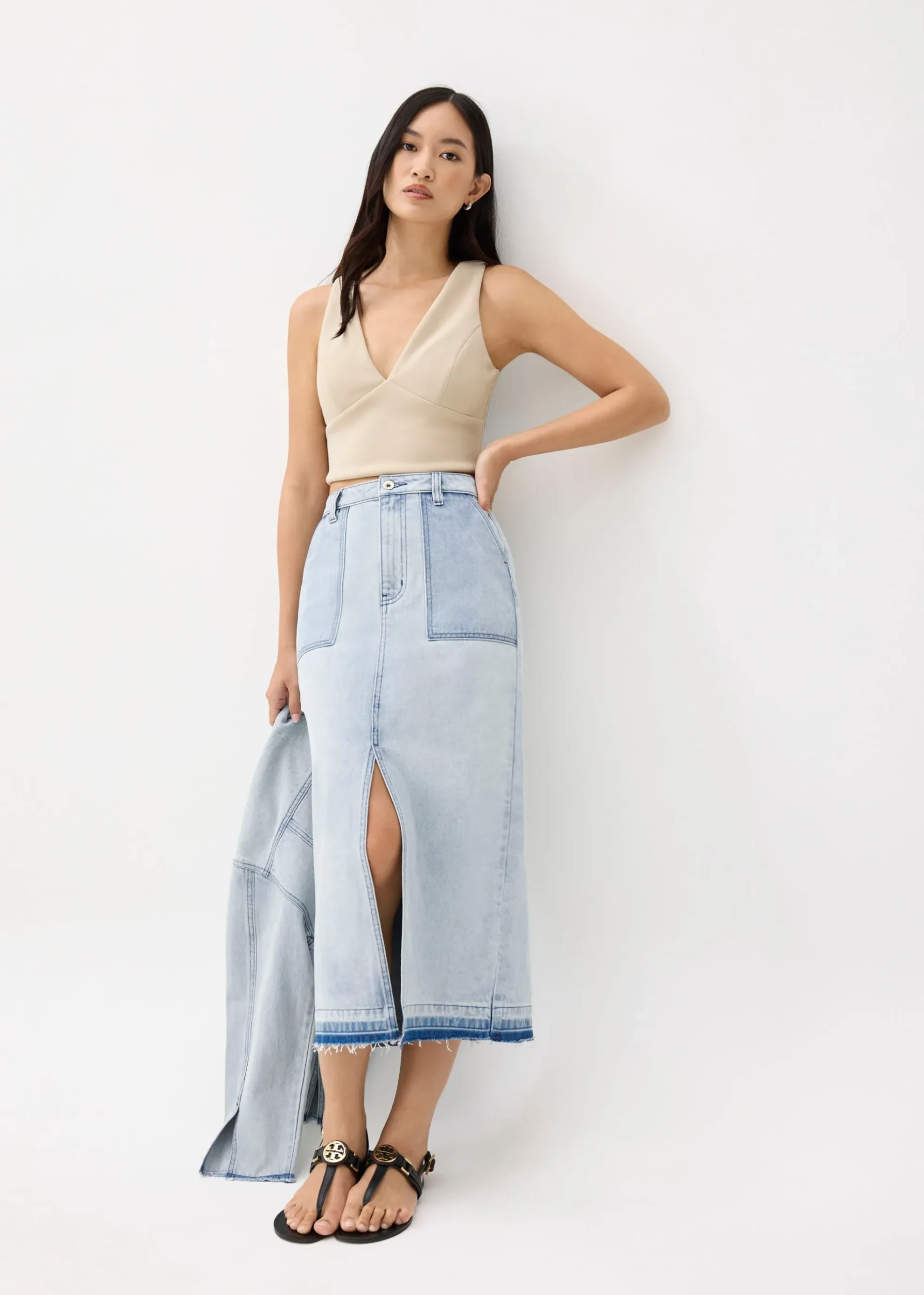 Denim High Waist Column Midaxi Skirt