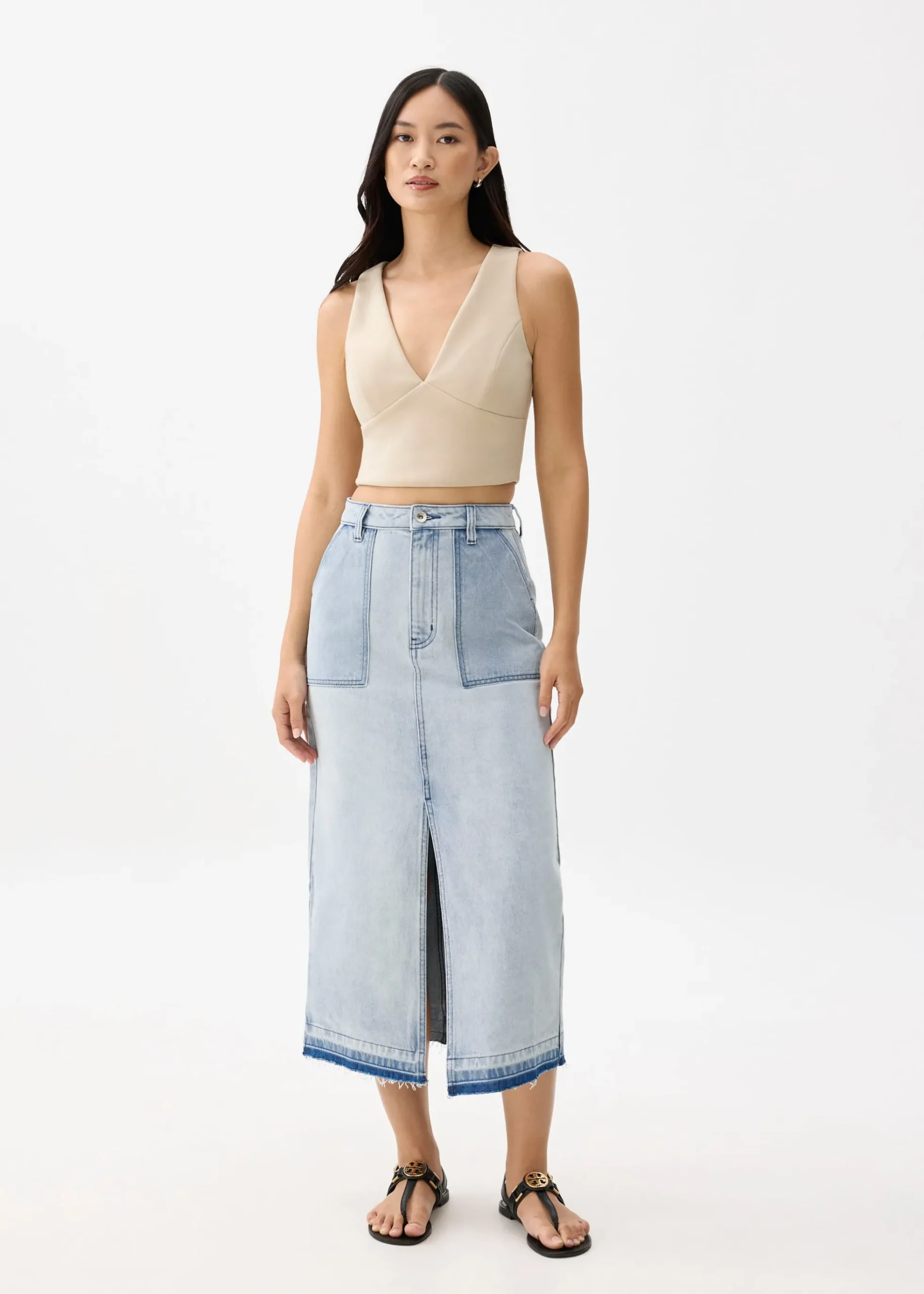 Denim High Waist Column Midaxi Skirt
