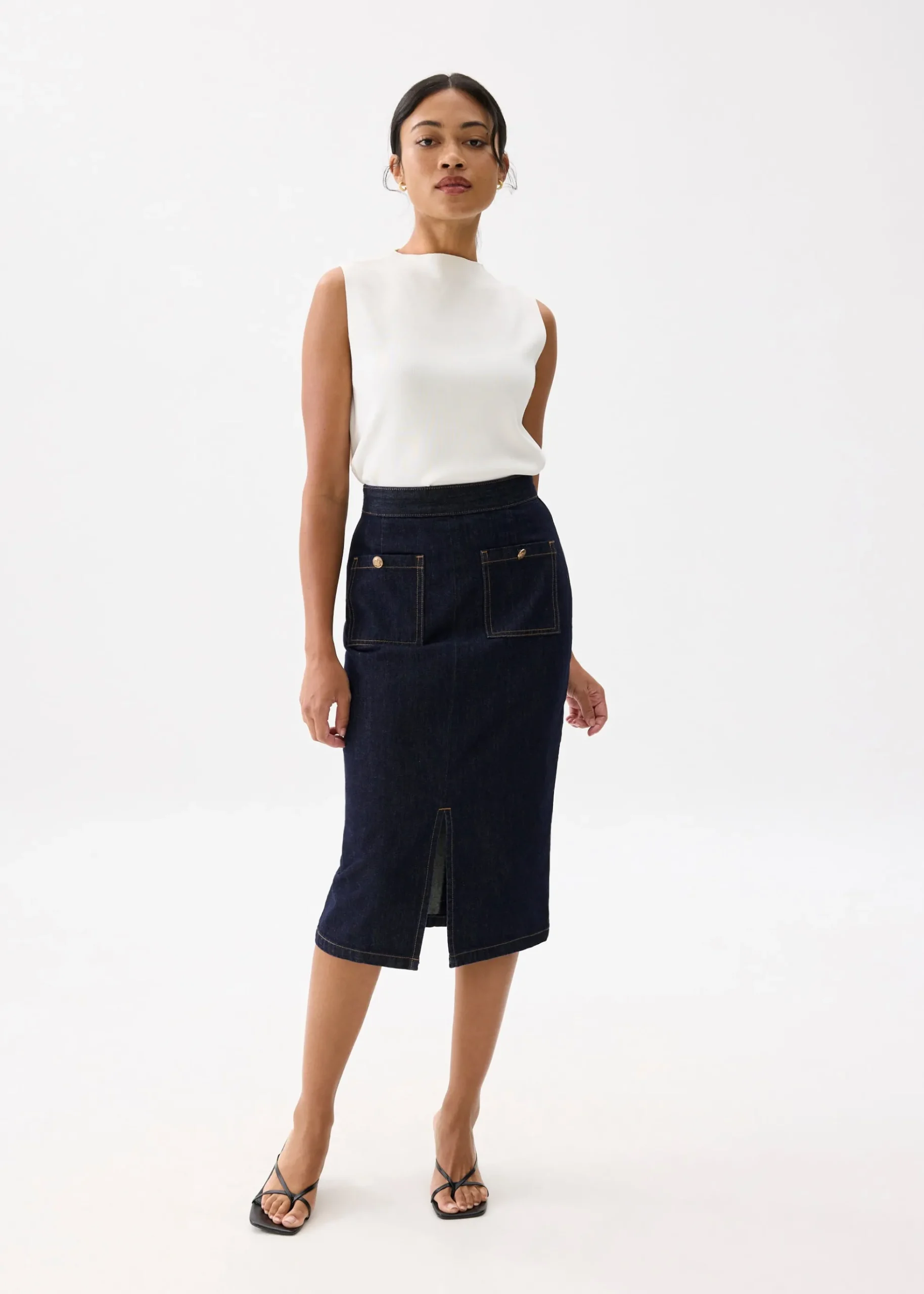Denim High Waist Column Midi Skirt