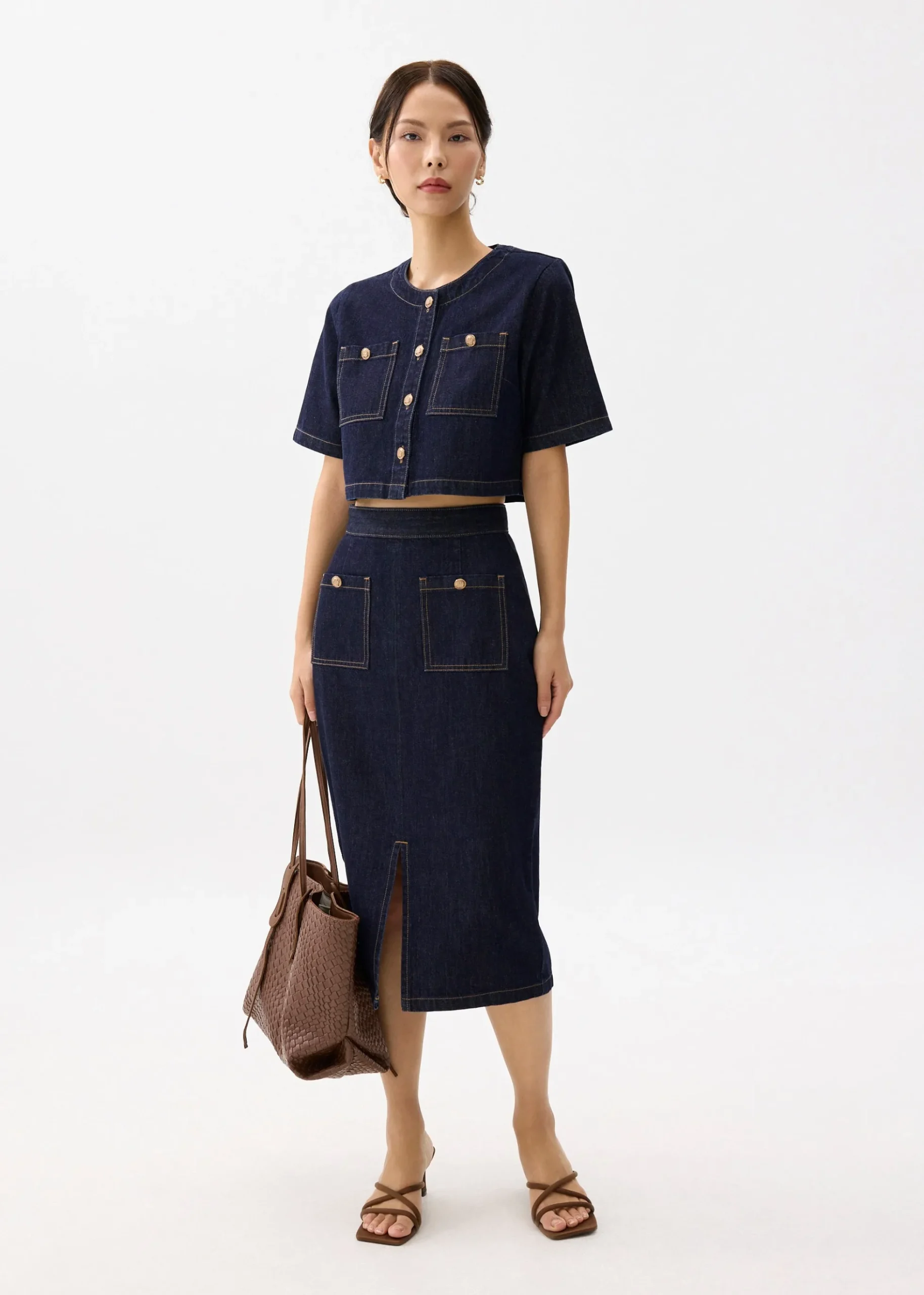 Denim High Waist Column Midi Skirt