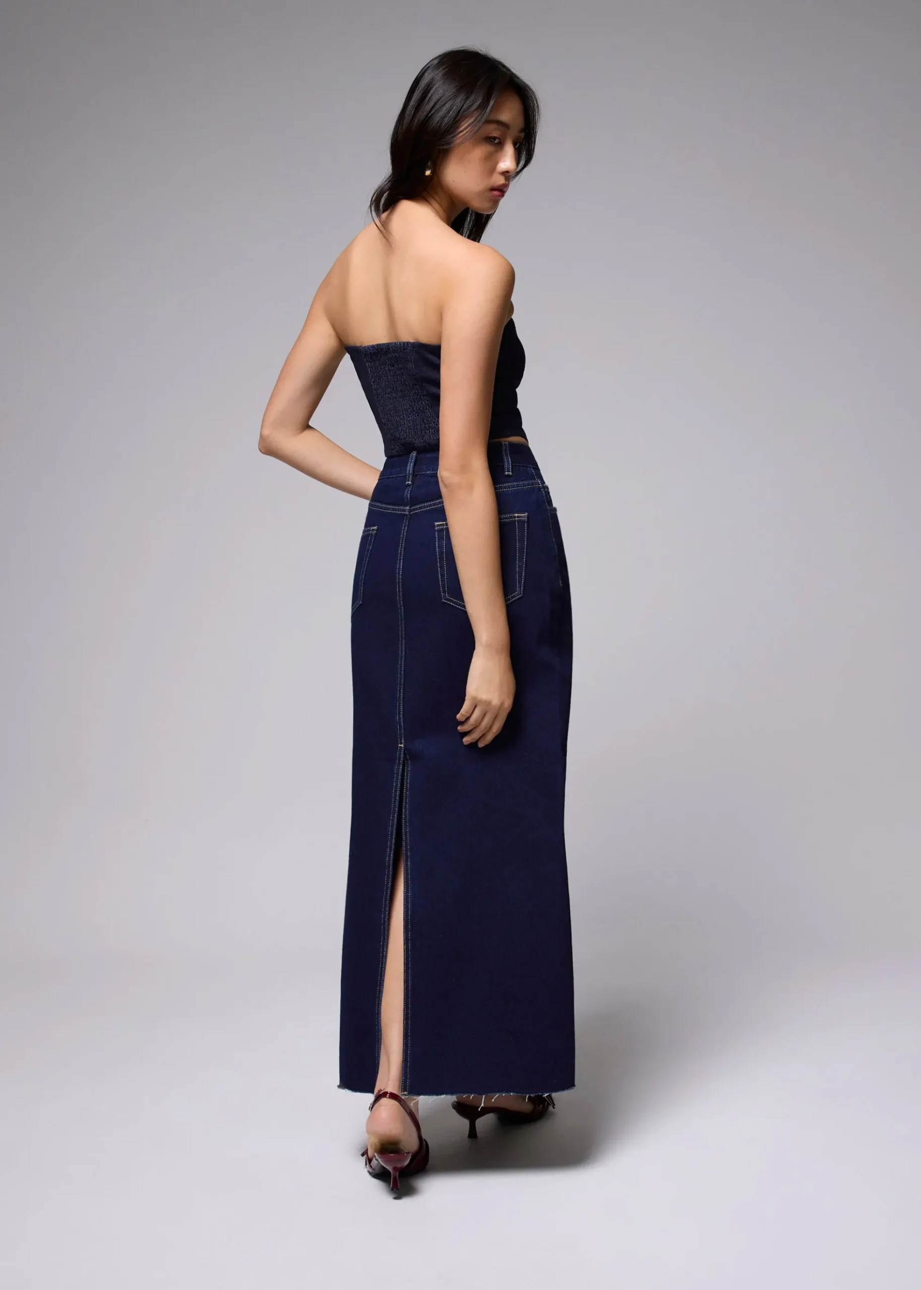 Denim Mid Waist A-line Maxi Skirt