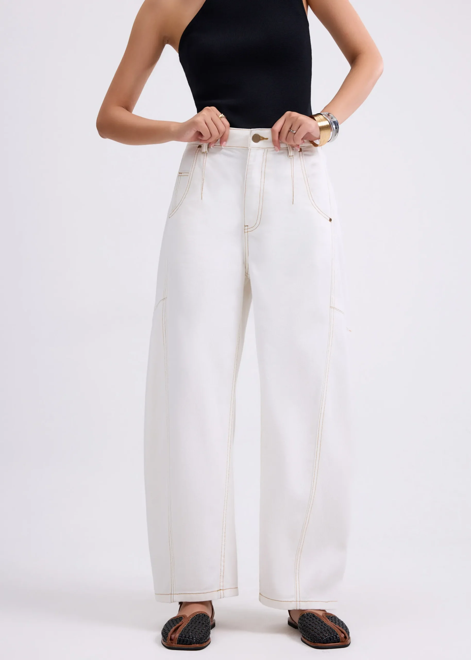 Denim Mid Waist Panelled Barrel Jeans