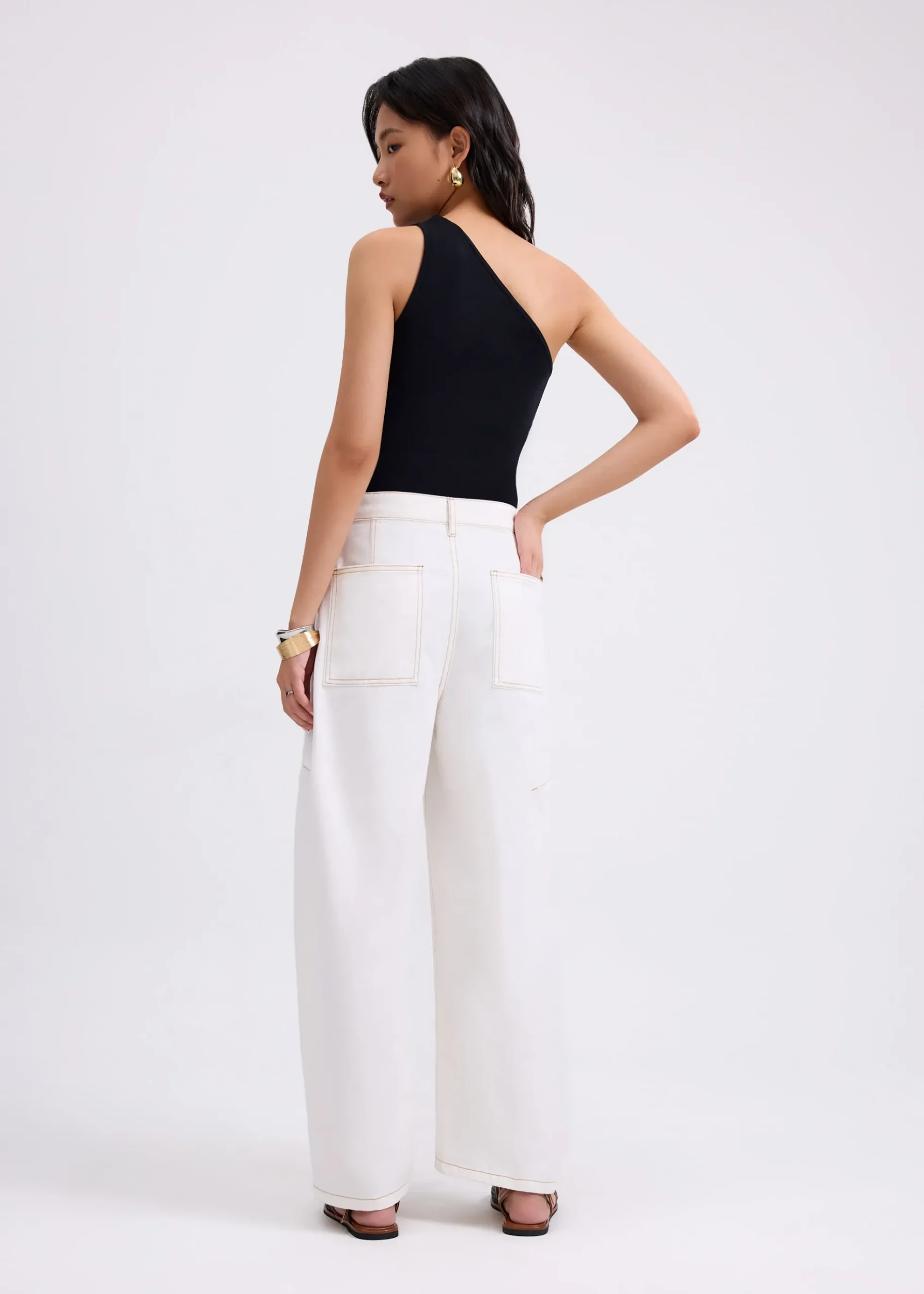 Denim Mid Waist Panelled Barrel Jeans