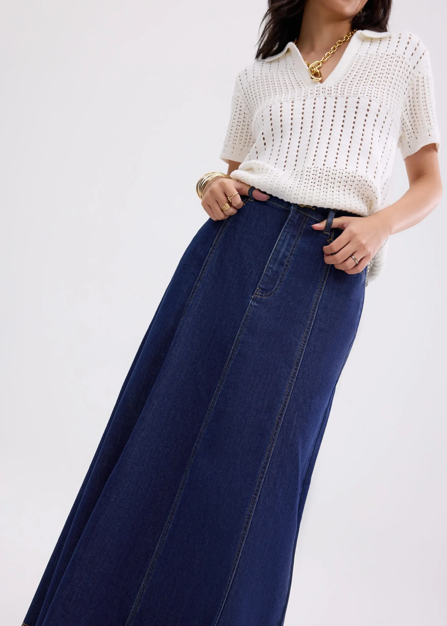 Denim Panelled A-line Skirt