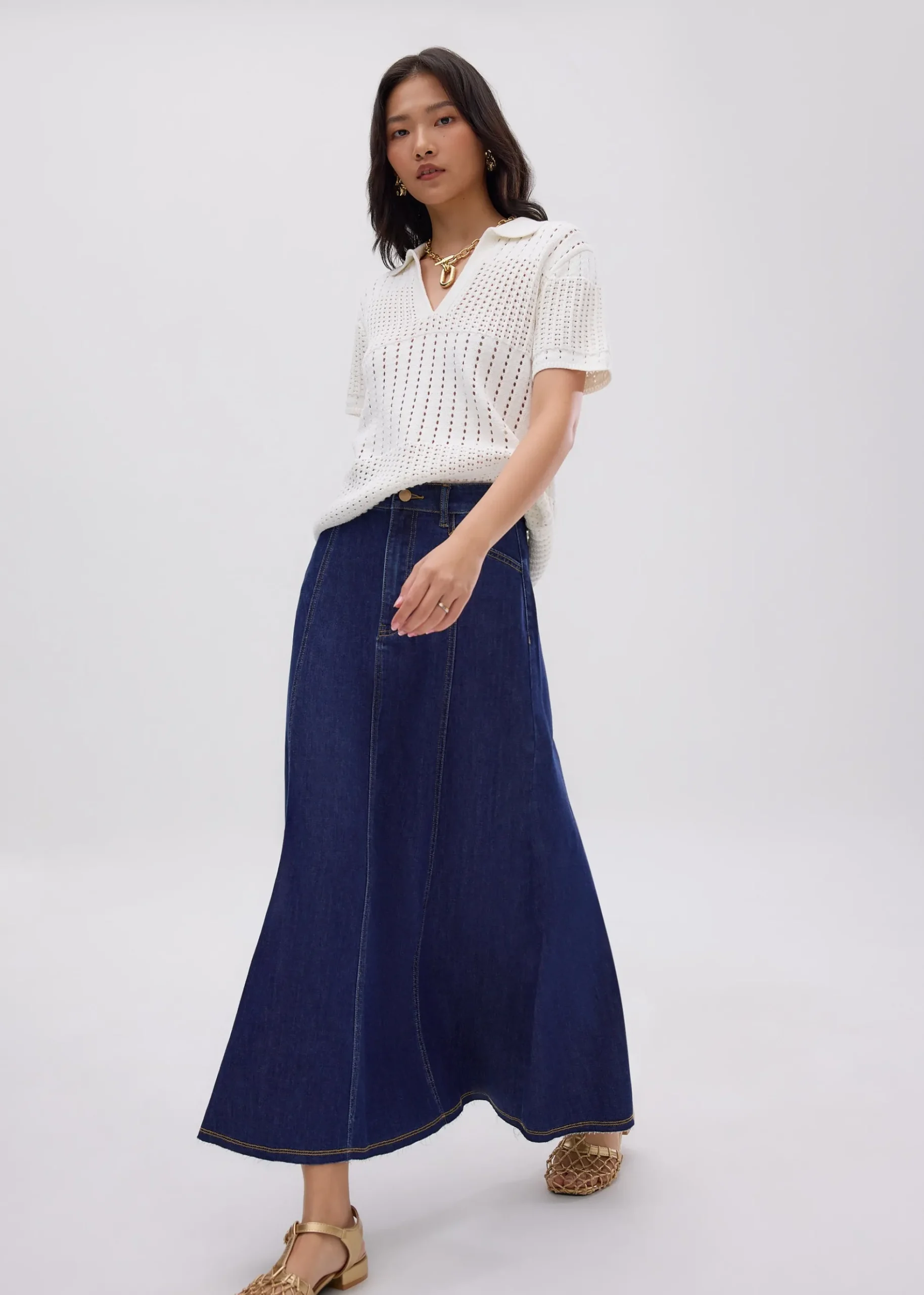 Denim Panelled A-line Skirt