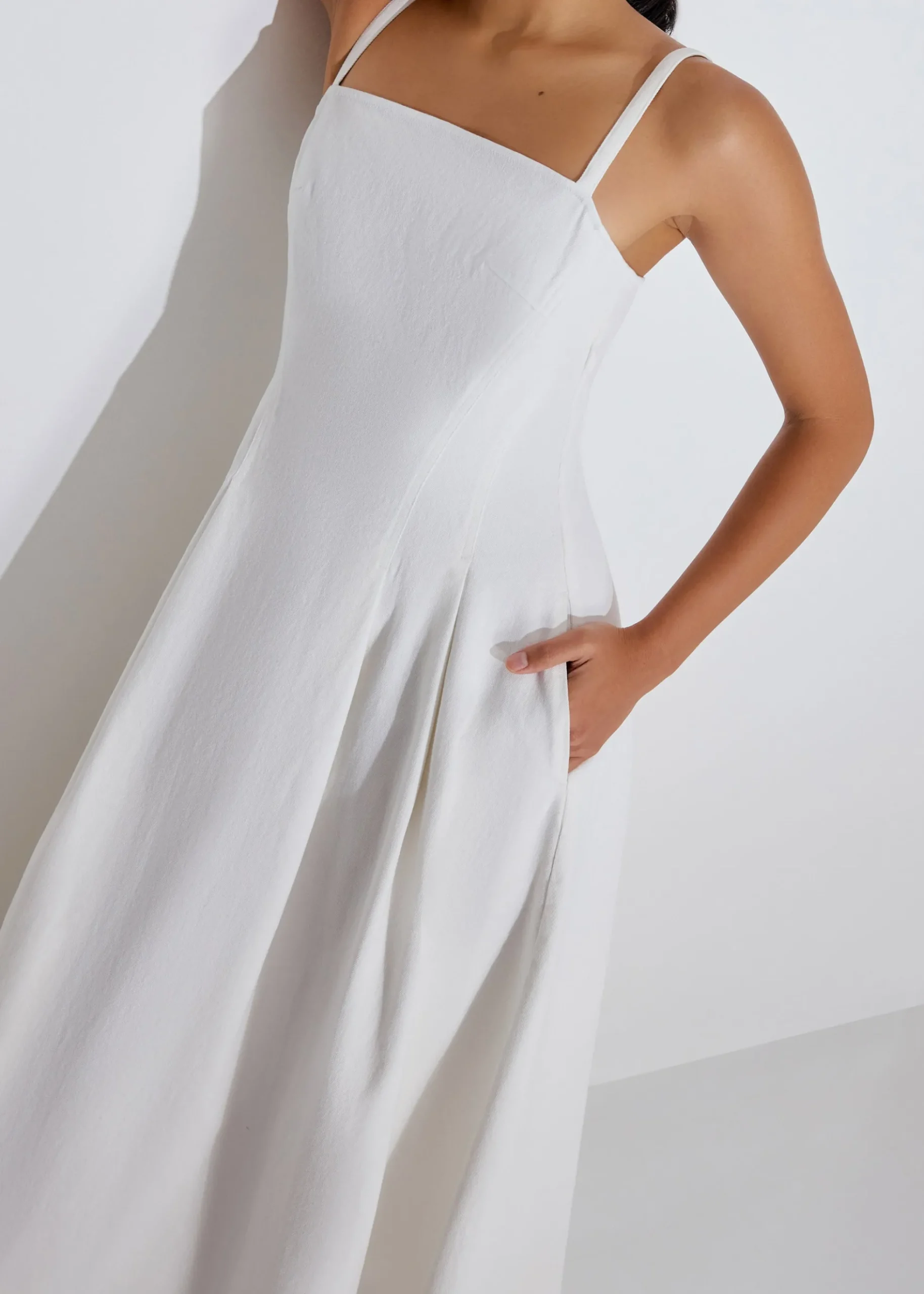 Denim Panelled Straight Neck Fit & Flare Midaxi Dress