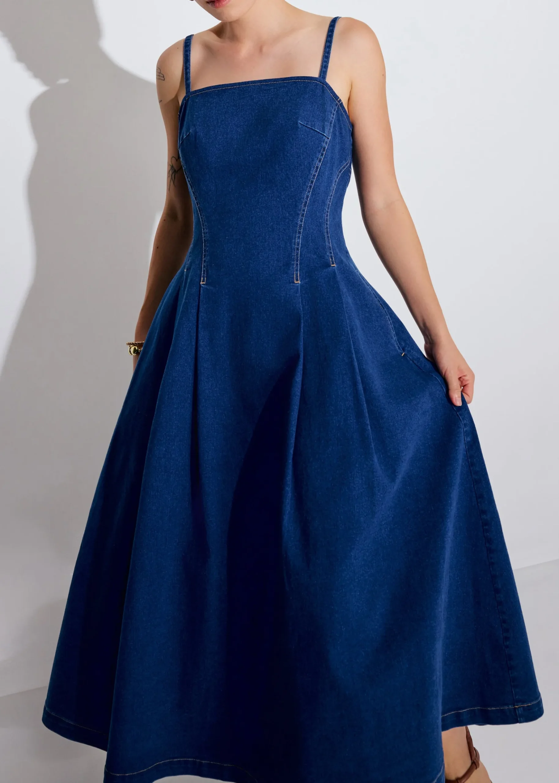 Denim Panelled Straight Neck Fit & Flare Midaxi Dress