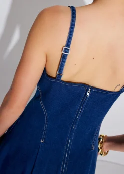 Denim Panelled Straight Neck Fit & Flare Midaxi Dress