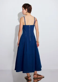 Denim Panelled Straight Neck Fit & Flare Midaxi Dress