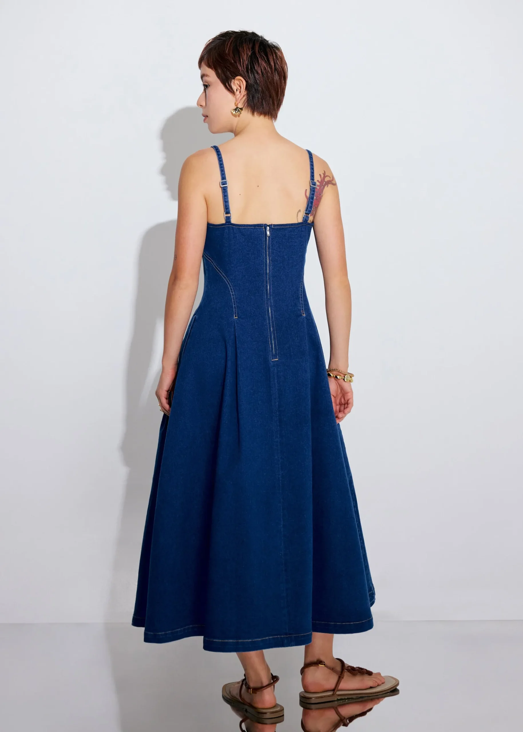 Denim Panelled Straight Neck Fit & Flare Midaxi Dress