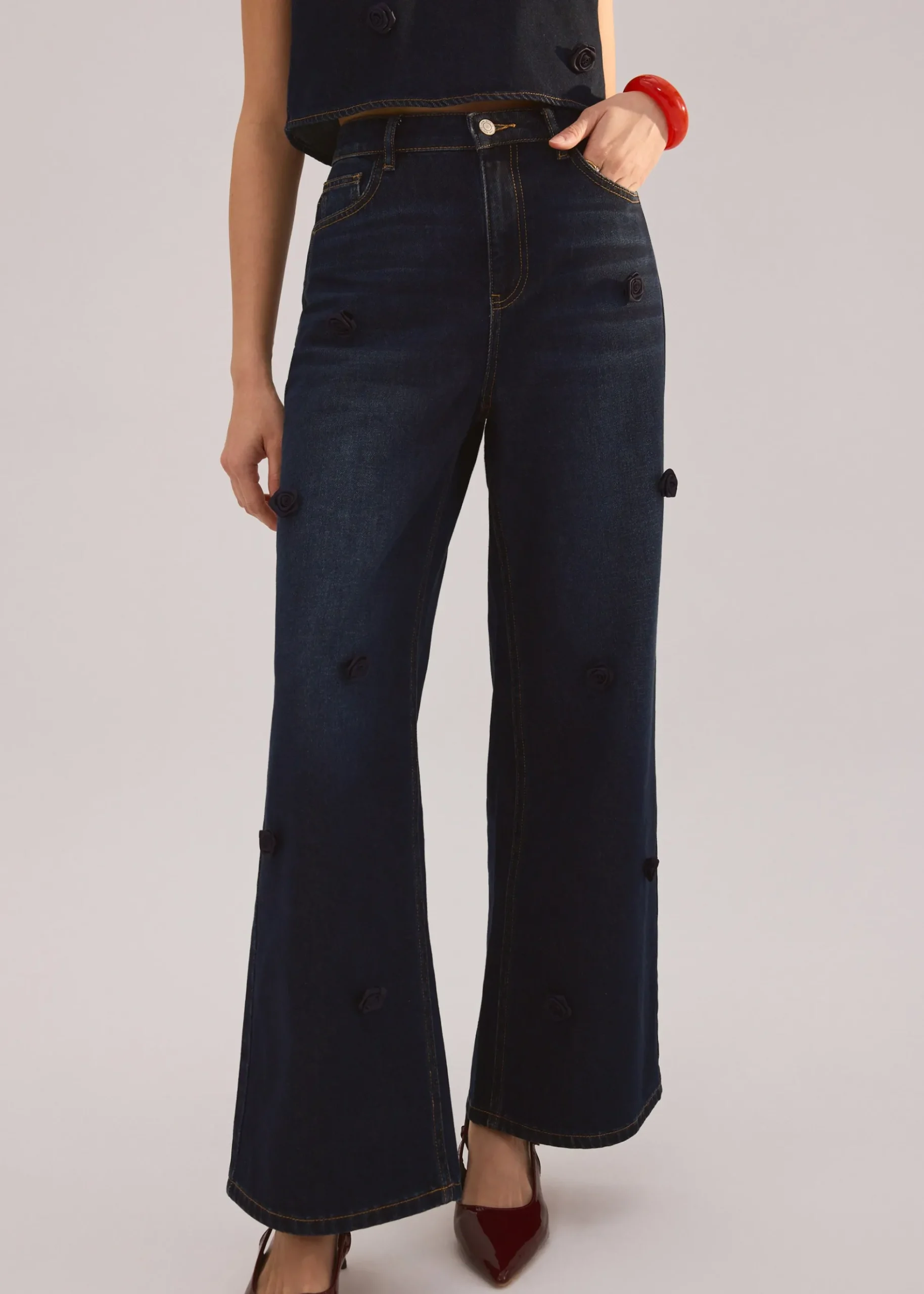 Denim Rosette Straight Leg Jeans