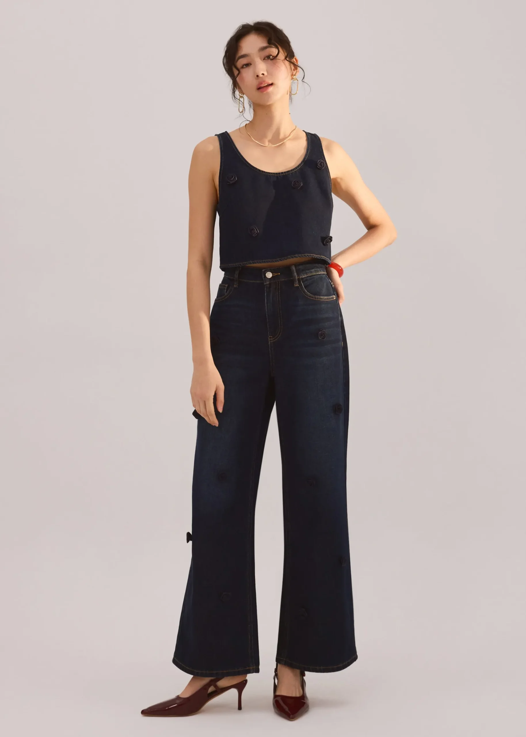 Denim Rosette Straight Leg Jeans