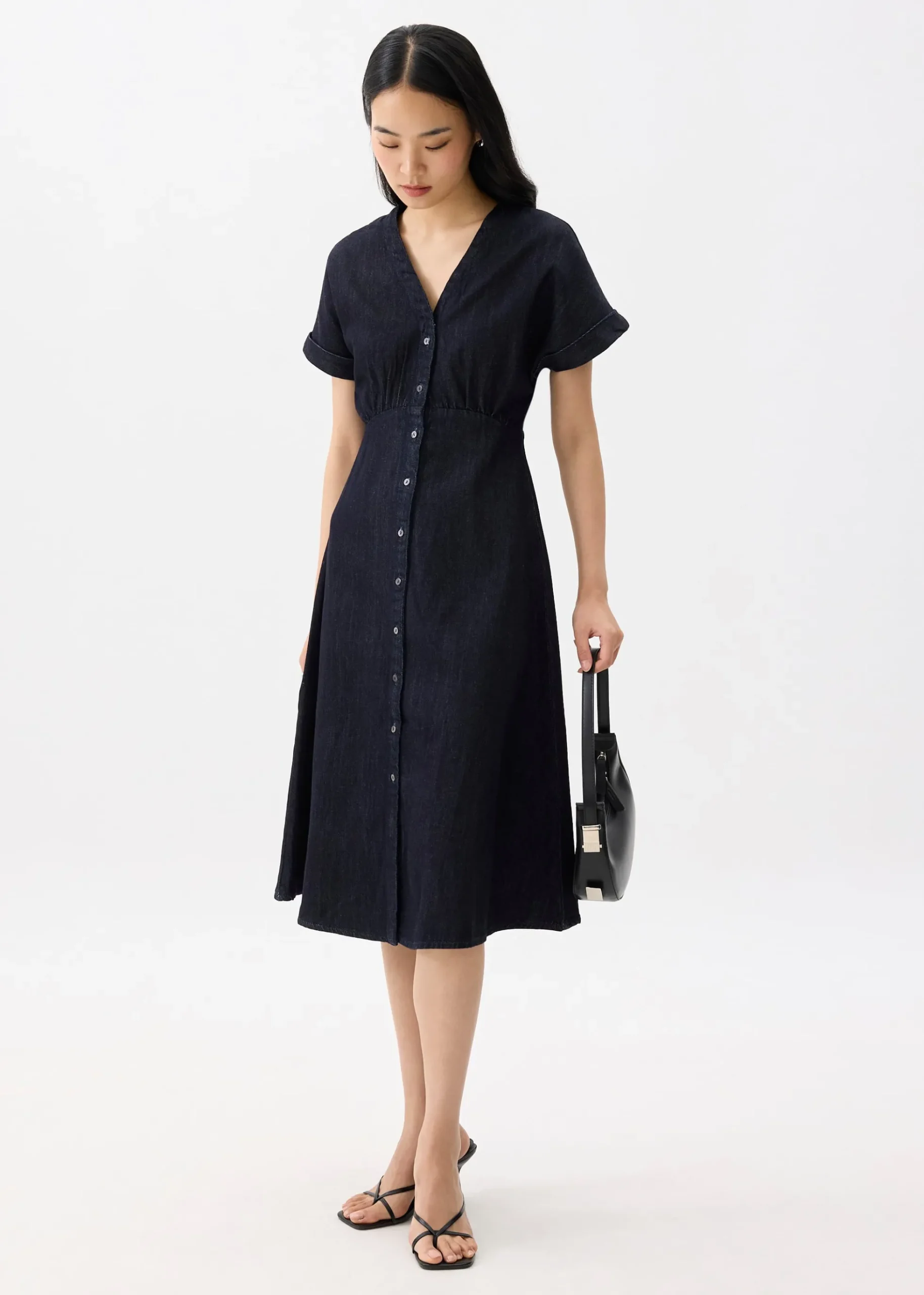 Denim V-neck Fit & Flare Midi Dress