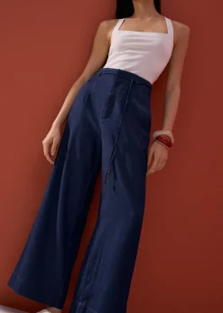 Detachable Sash Chambray Straight Leg Ankle Length Pants