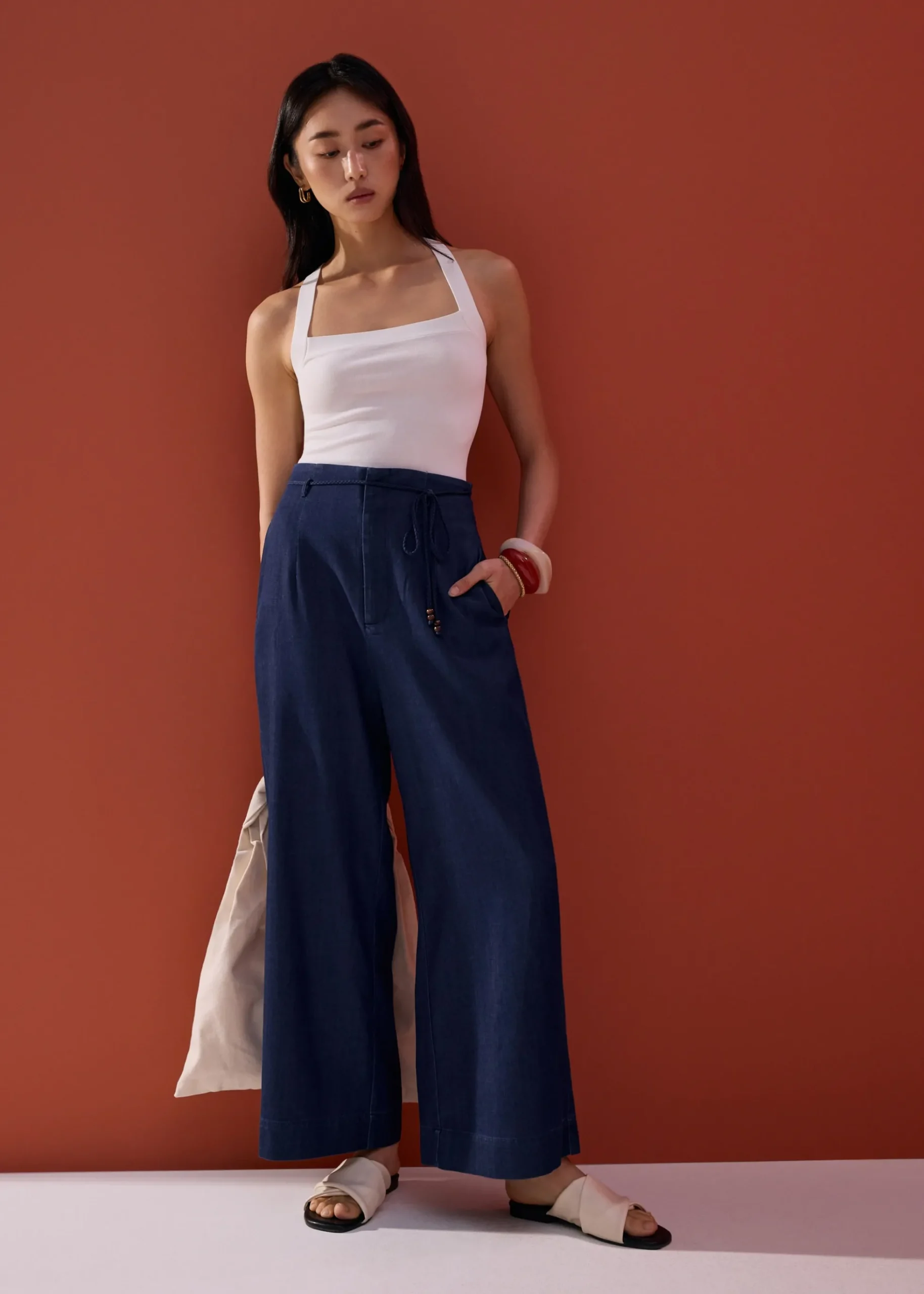 Detachable Sash Chambray Straight Leg Ankle Length Pants