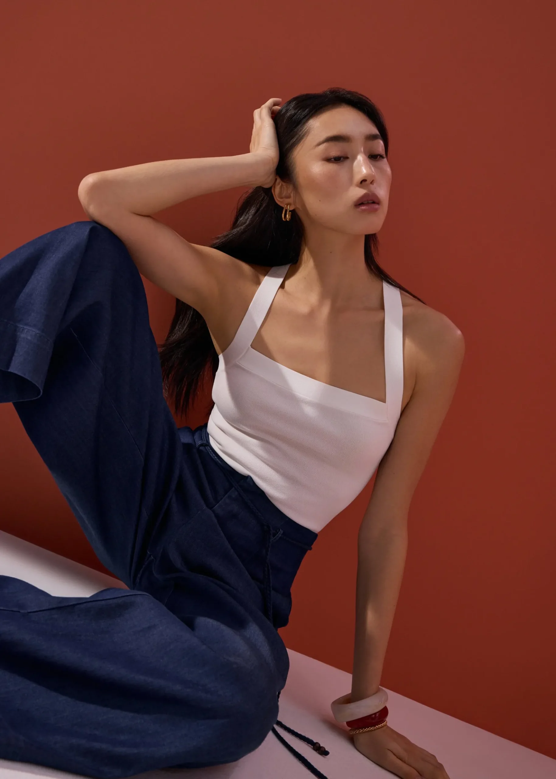 Detachable Sash Chambray Straight Leg Ankle Length Pants