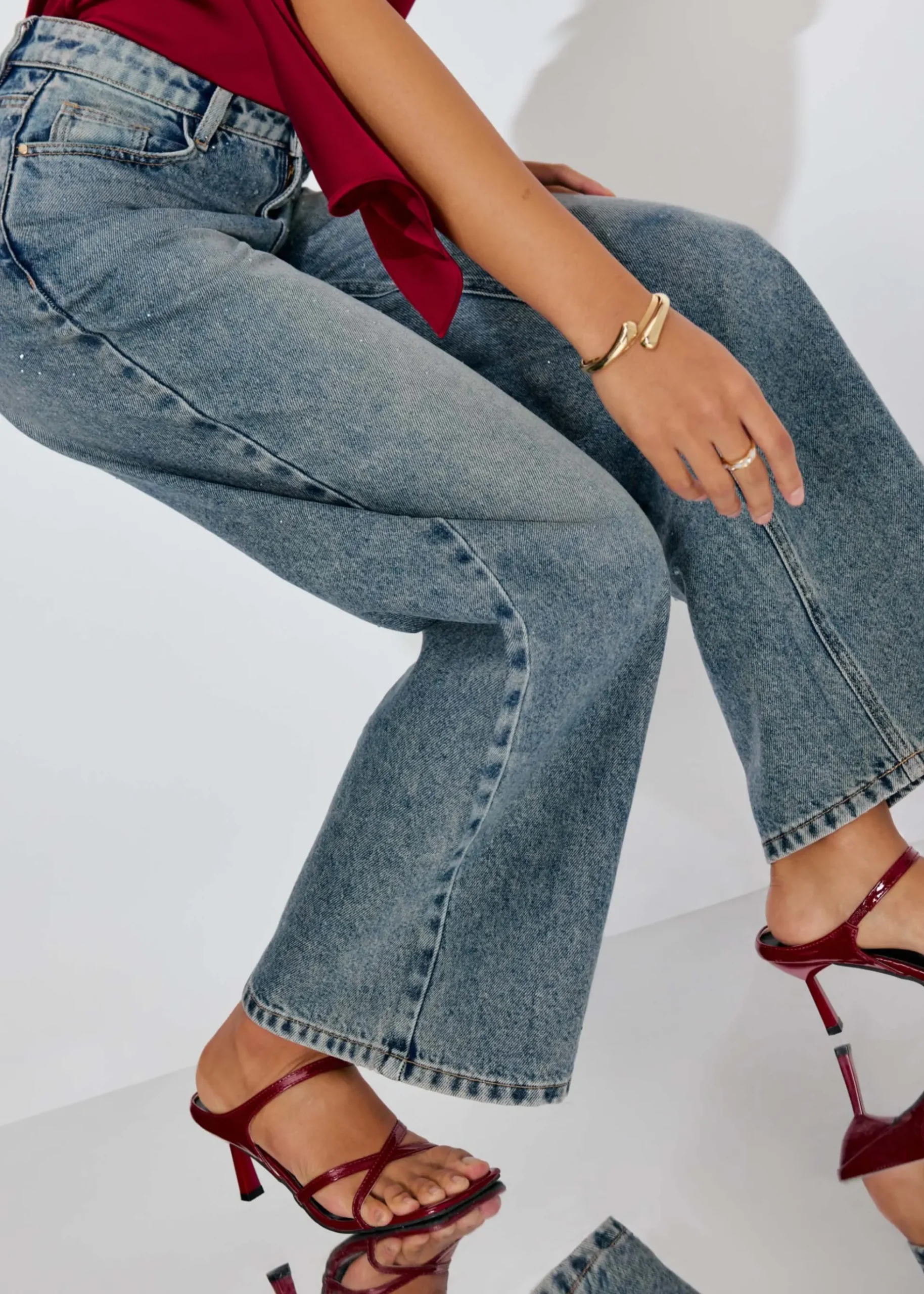 Diamante Denim Mid Waist Straight Leg Jeans