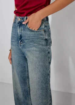 Diamante Denim Mid Waist Straight Leg Jeans