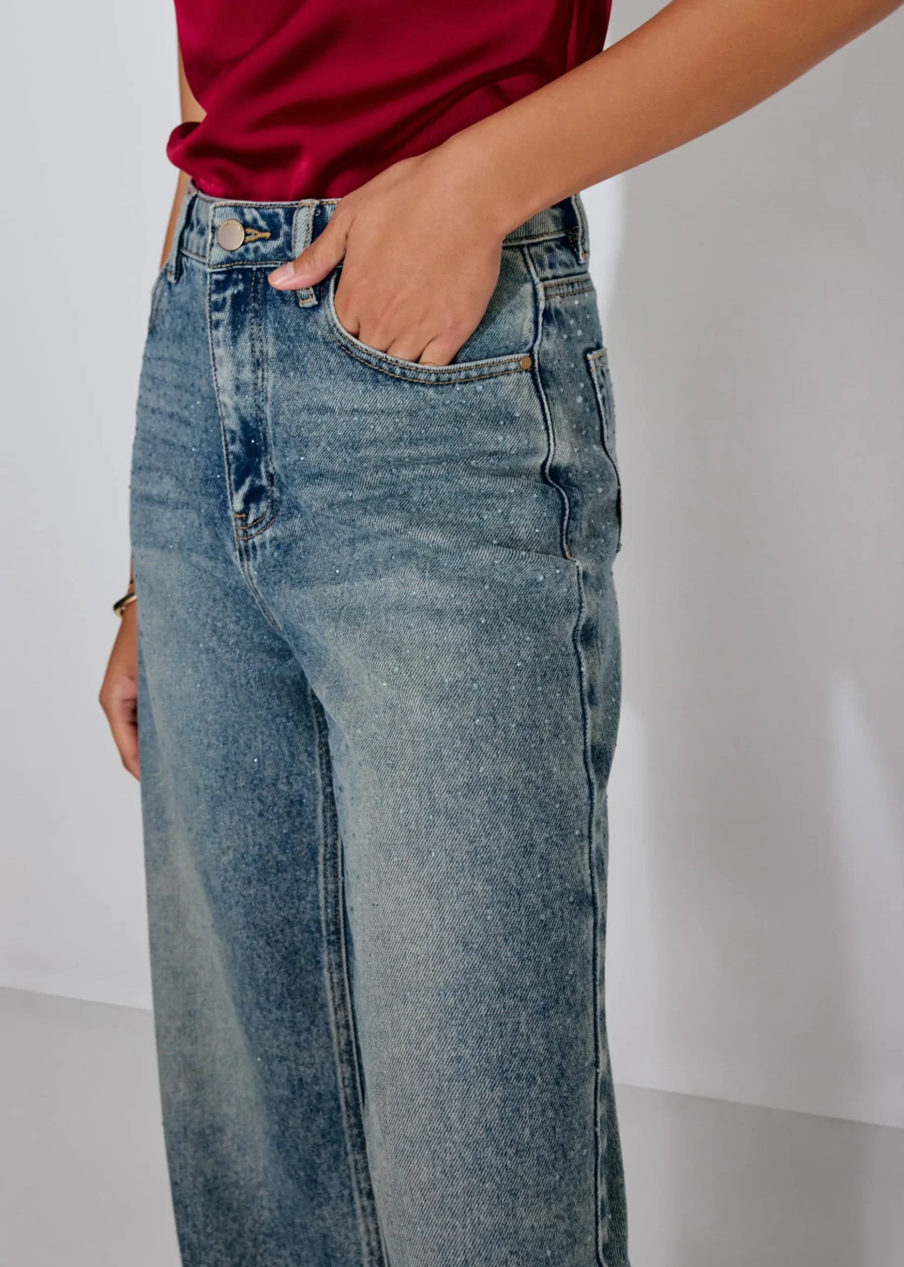 Diamante Denim Mid Waist Straight Leg Jeans