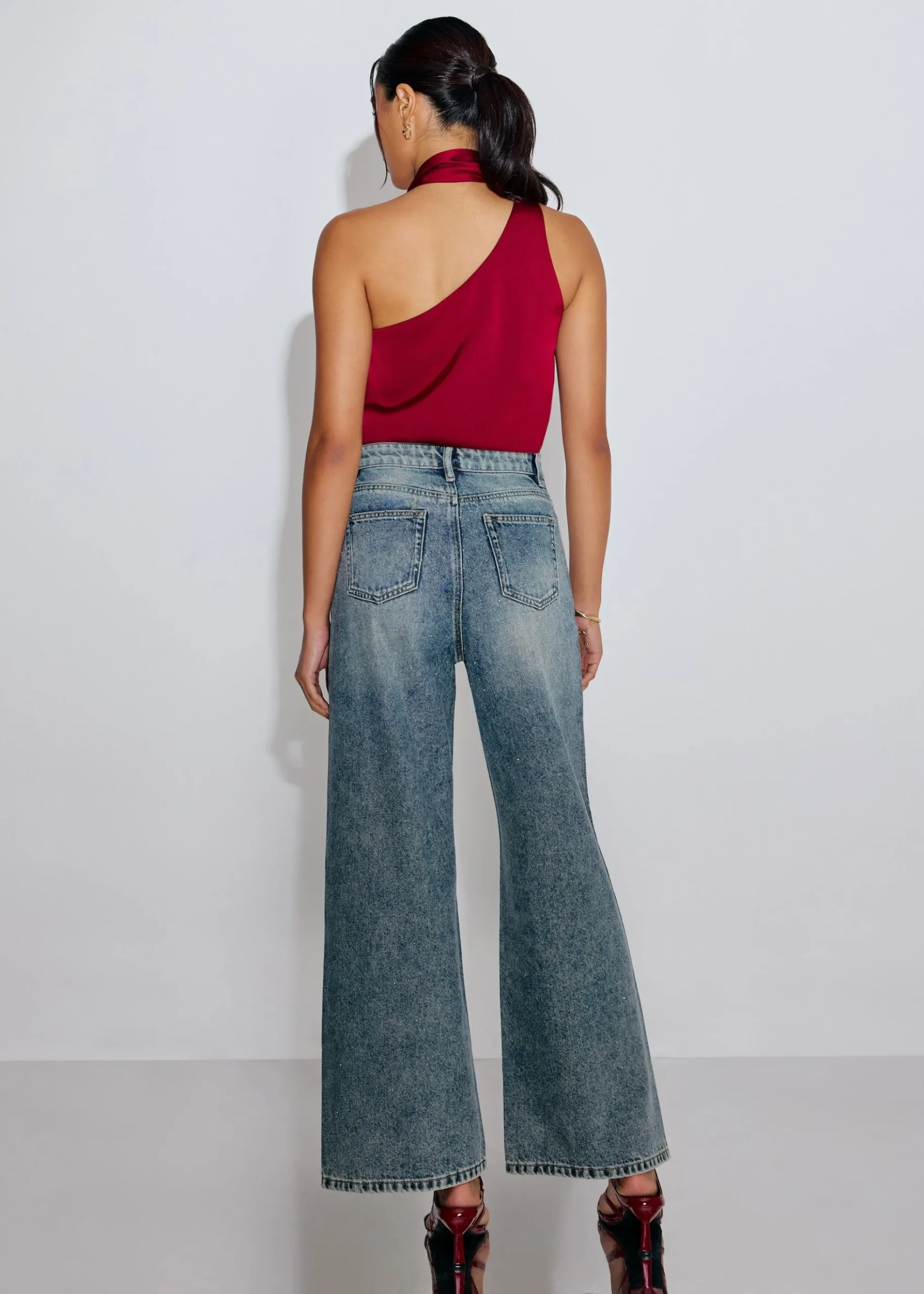 Diamante Denim Mid Waist Straight Leg Jeans