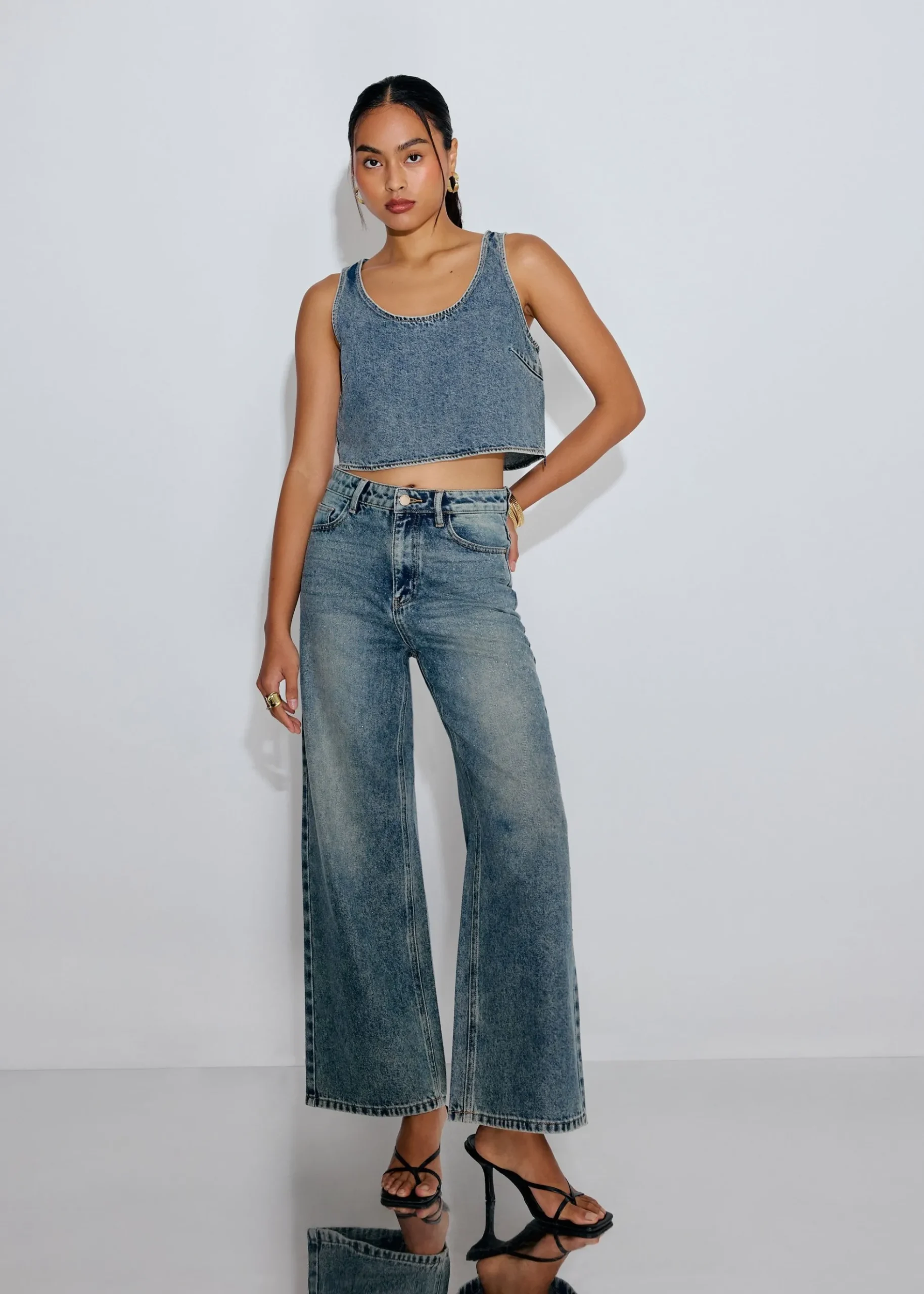 Diamante Denim Mid Waist Straight Leg Jeans