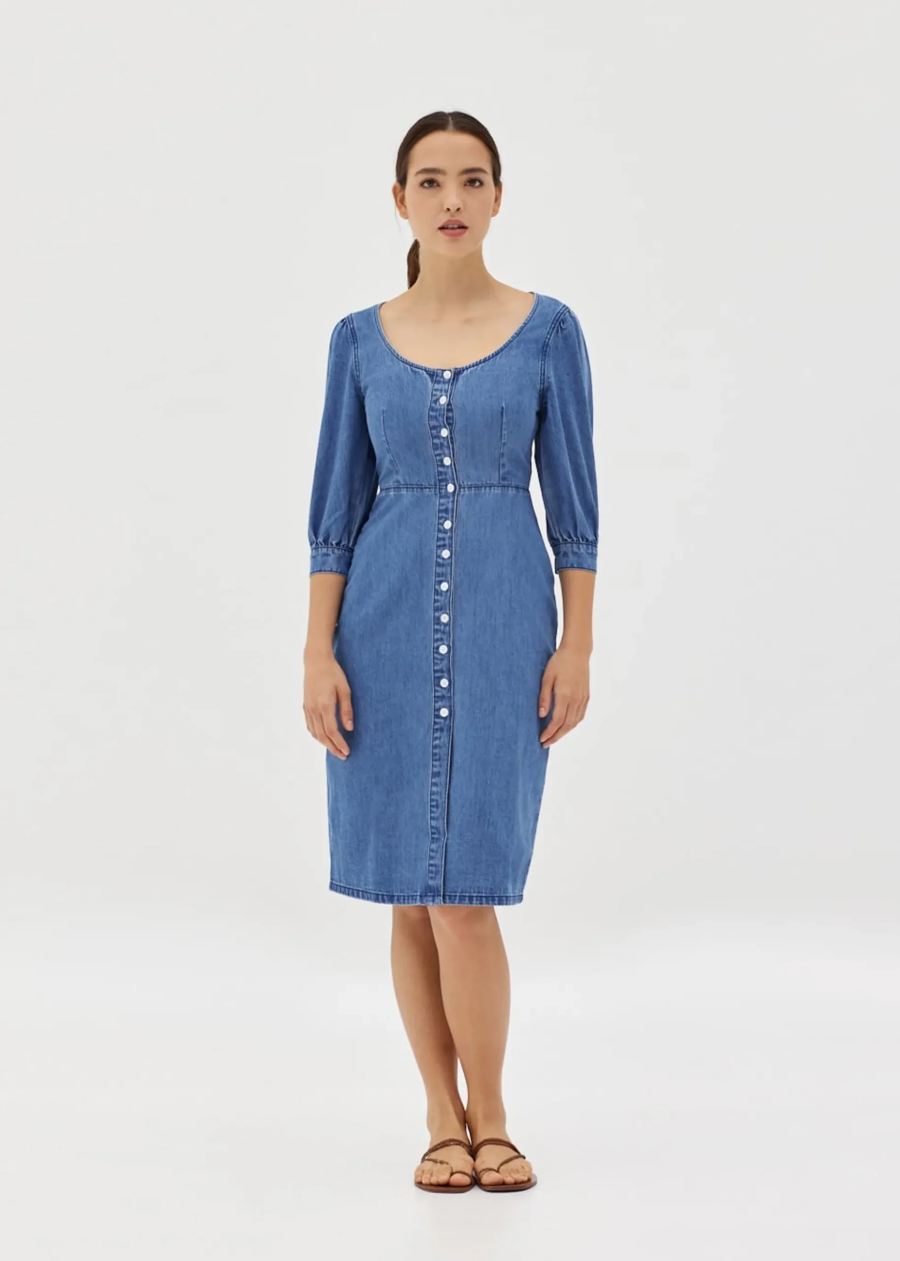 Donna Denim Puff Sleeve Button Dress