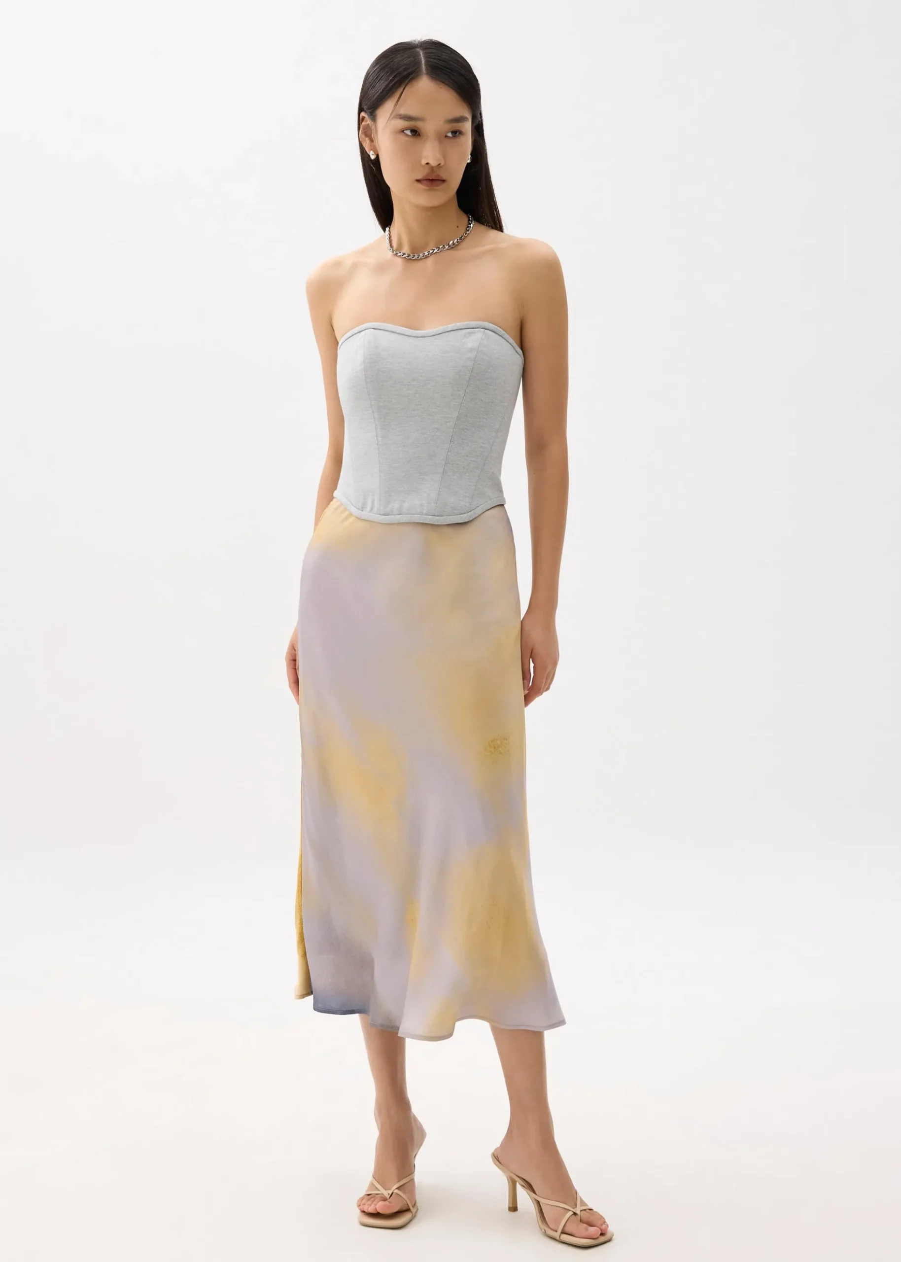 Elastic Abstract Satin Bias Cut Midaxi Skirt